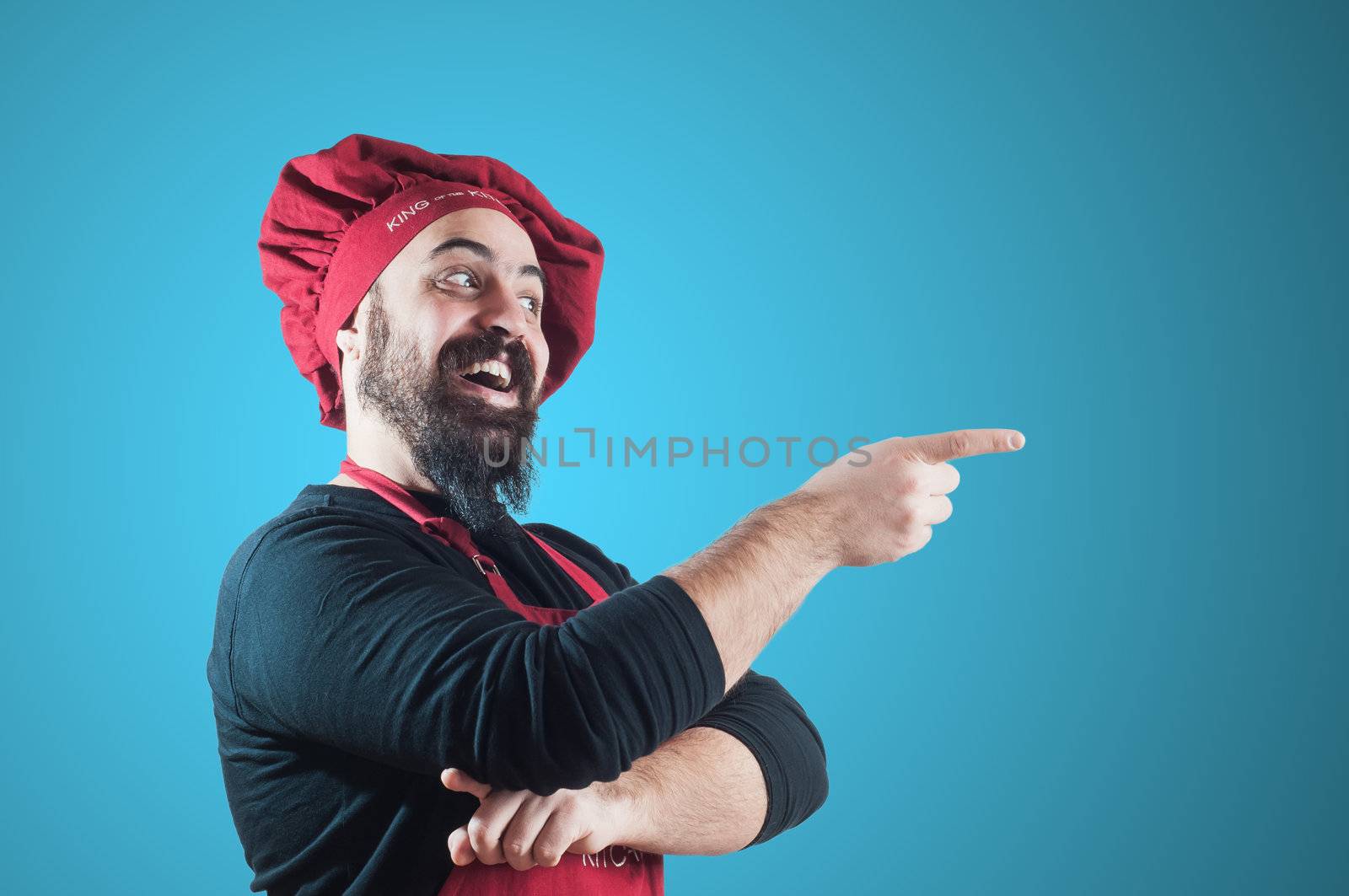 happy bearded chubby chef on blue background