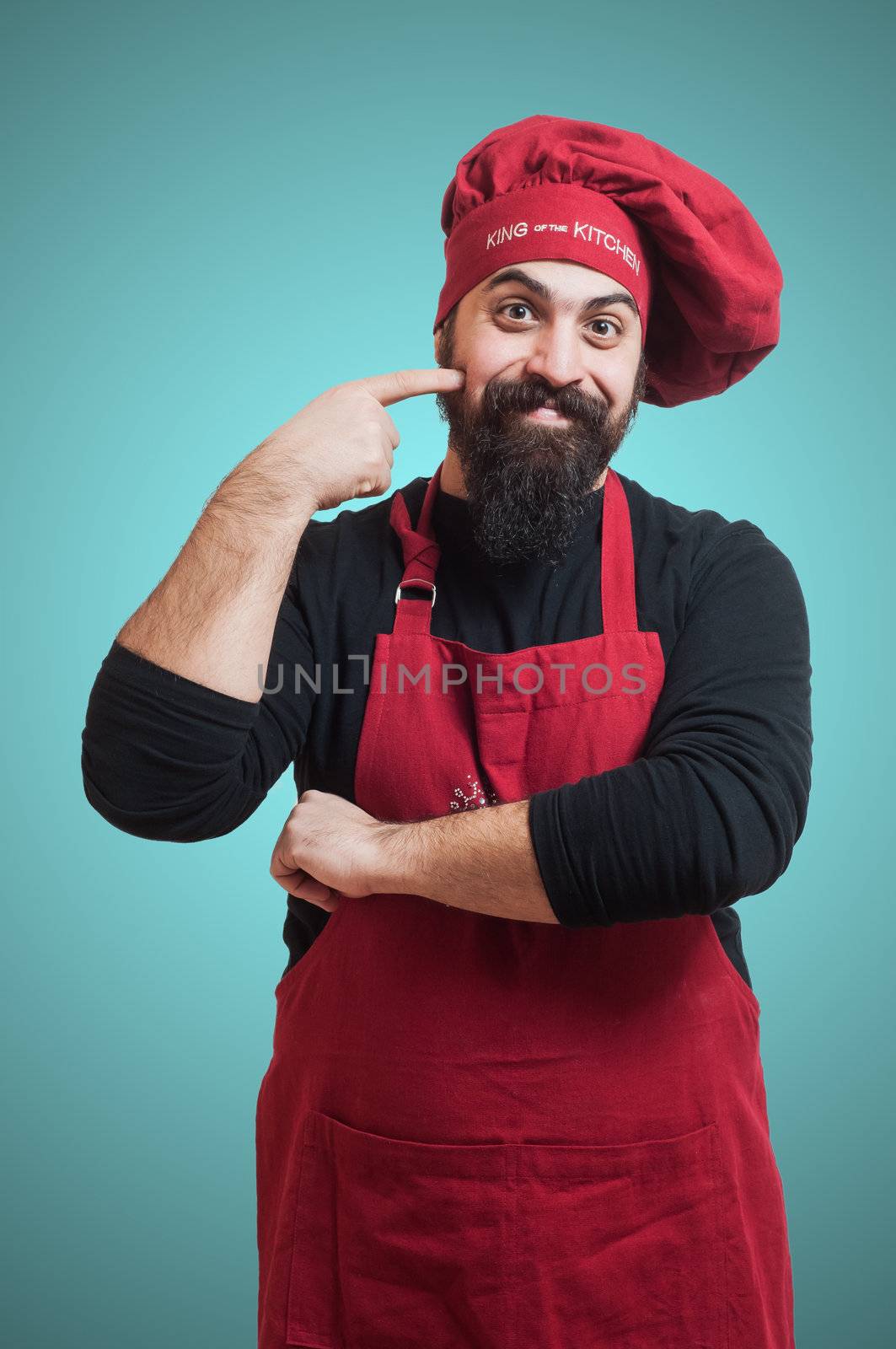 happy bearded chubby chef on blue background