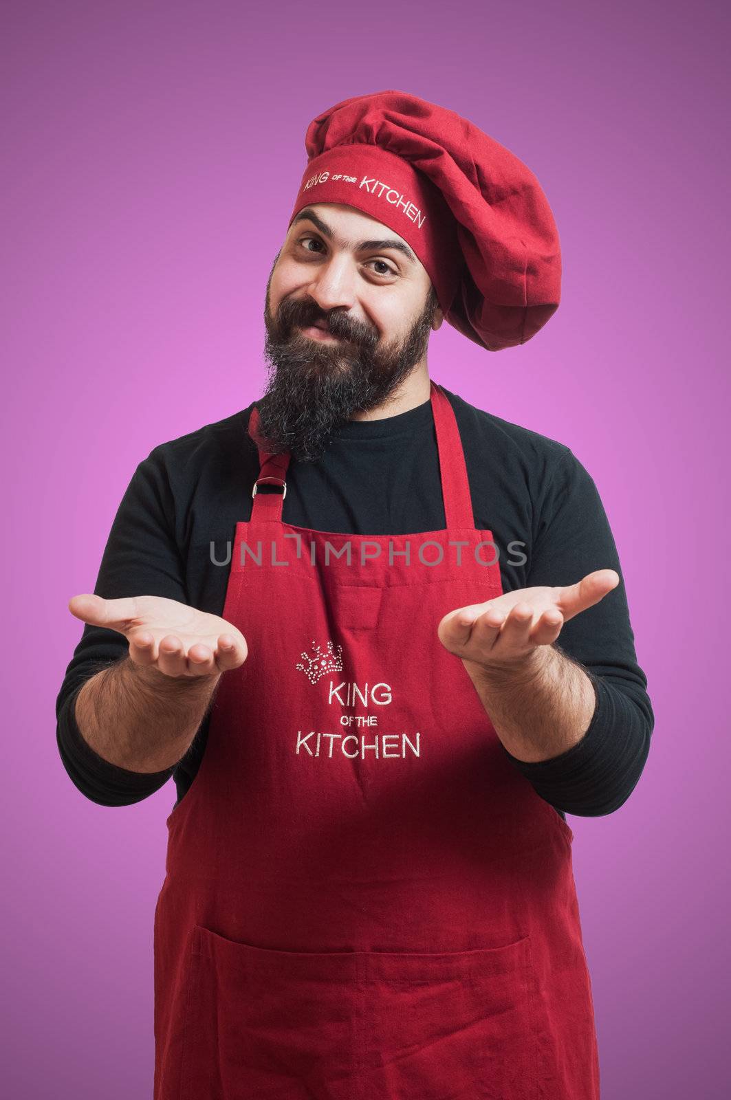 happy bearded chubby chef on pink background