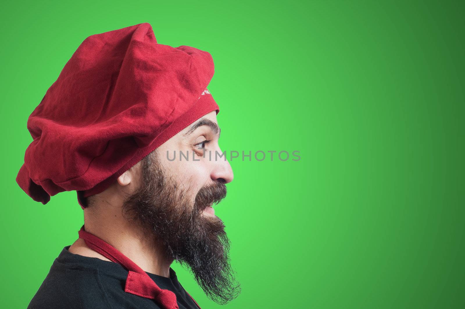 happy bearded chubby chef on green background