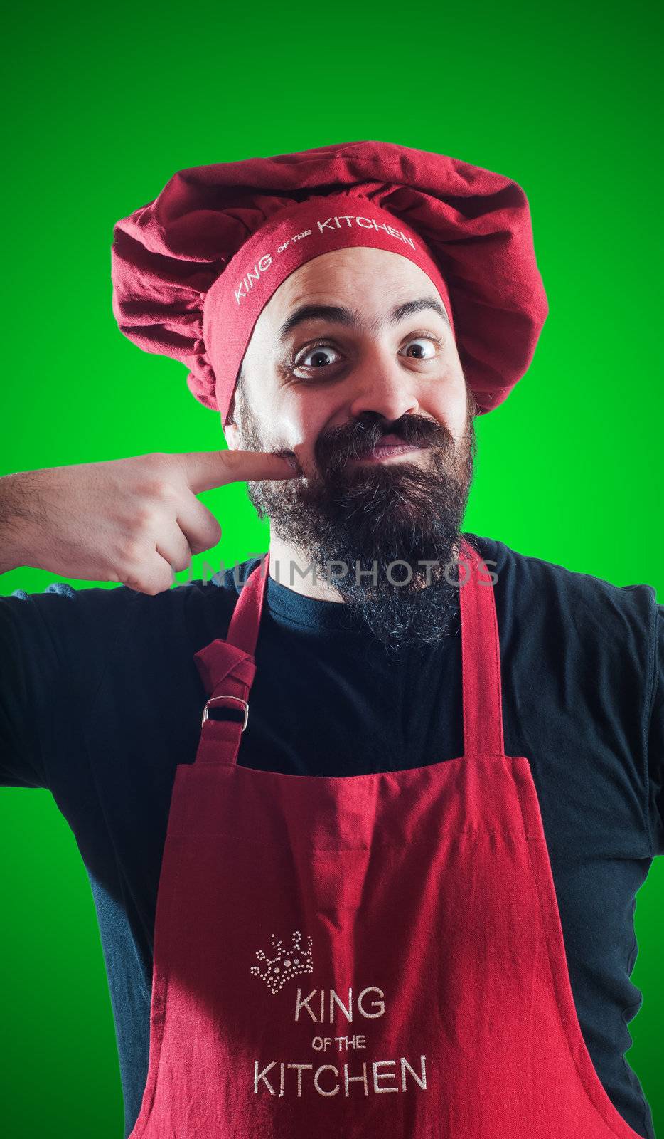 happy bearded chubby chef on green background