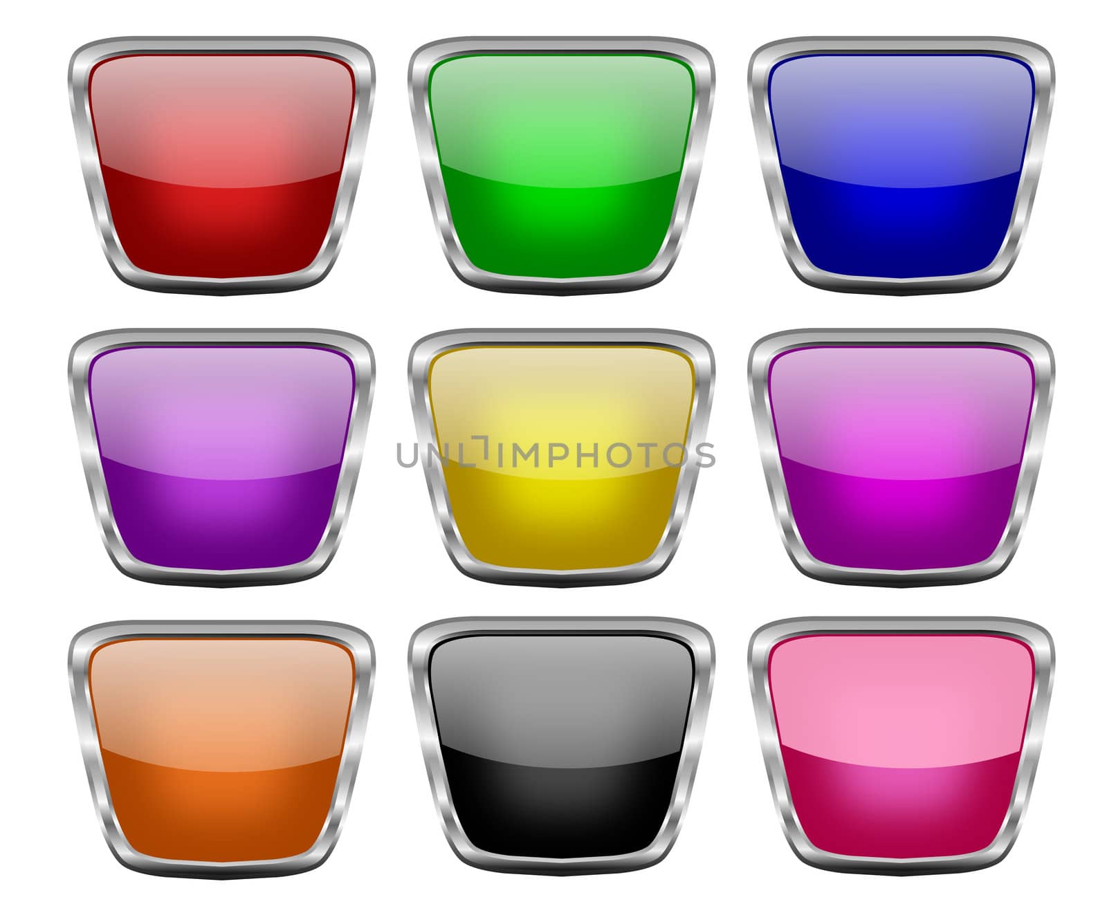 Set of nine tapering square buttons in glowing colors and with silver frames