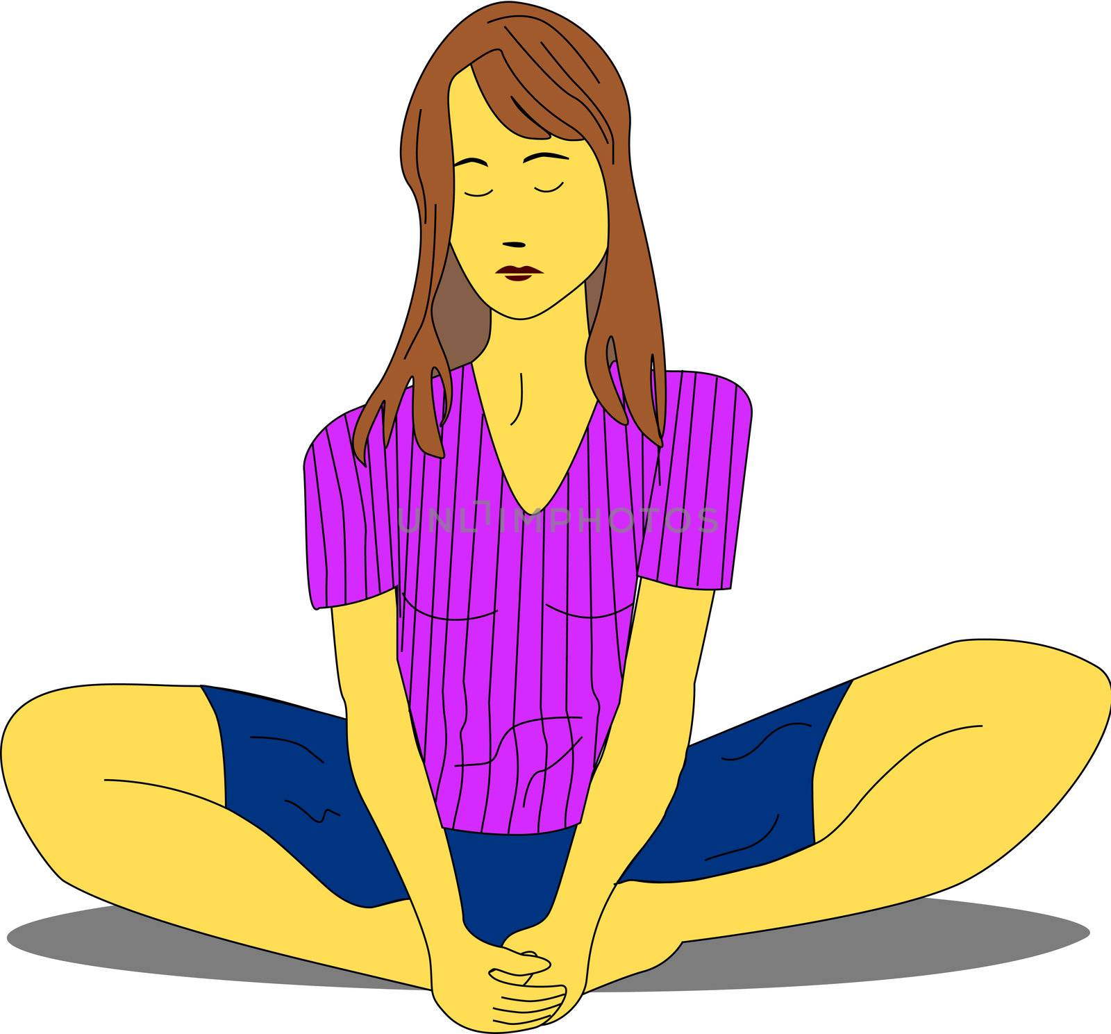 Young woman is seated with eyes closed and feet close to the body as a meditation or yoga practice position.   