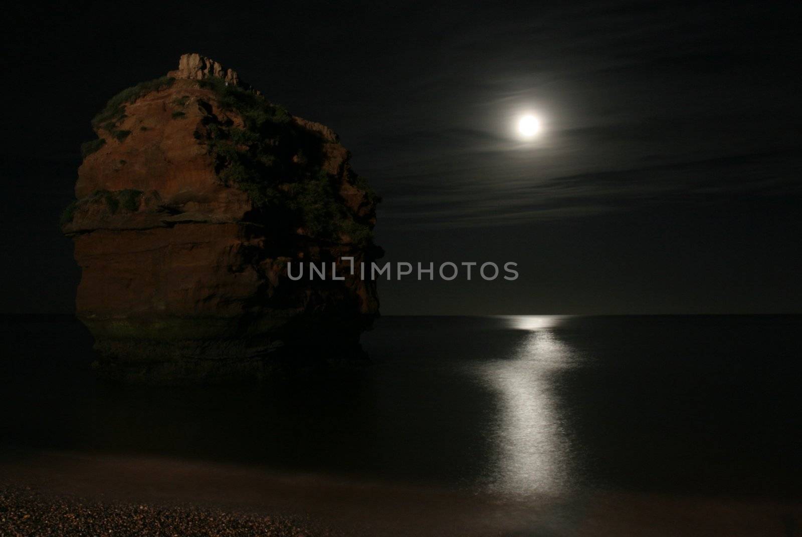Moon over the water at Ladram Bay by olliemt