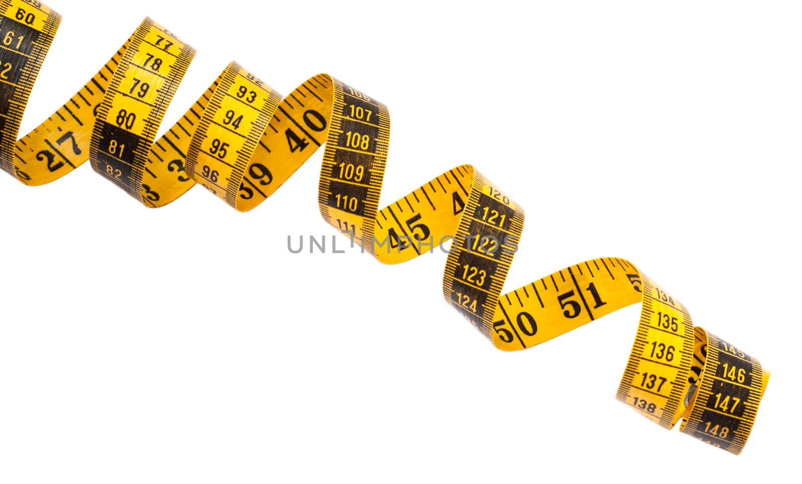 Yellow measuring tape on a white background