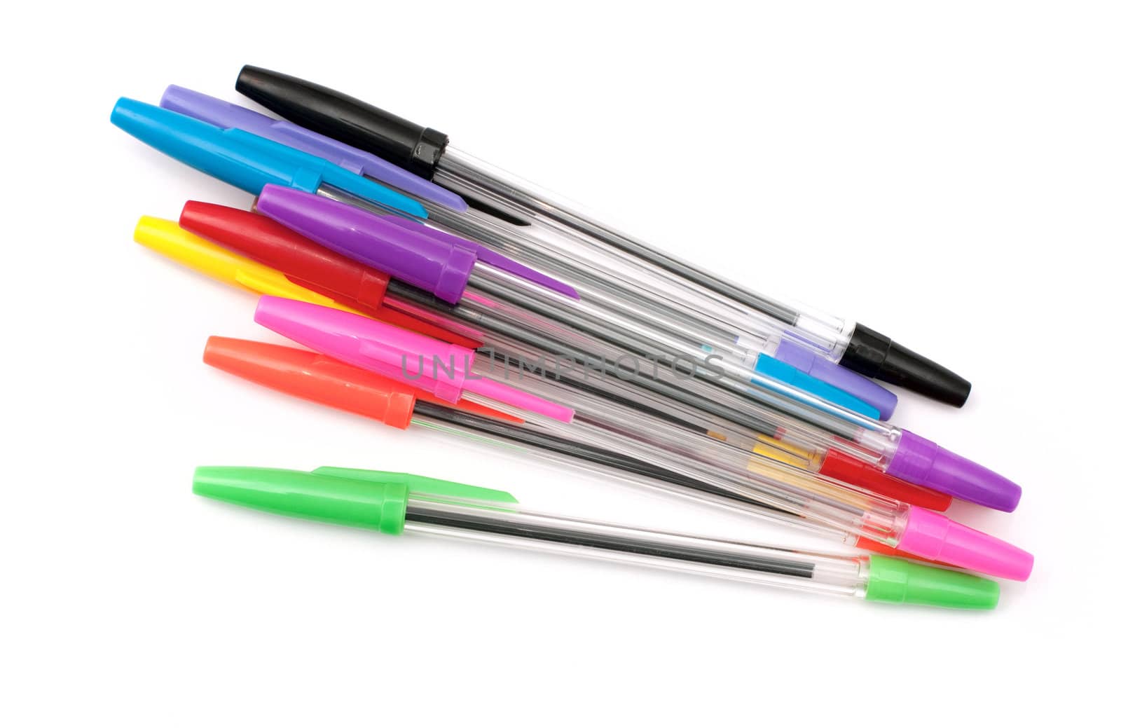 A set of transparent colored pens on a white background