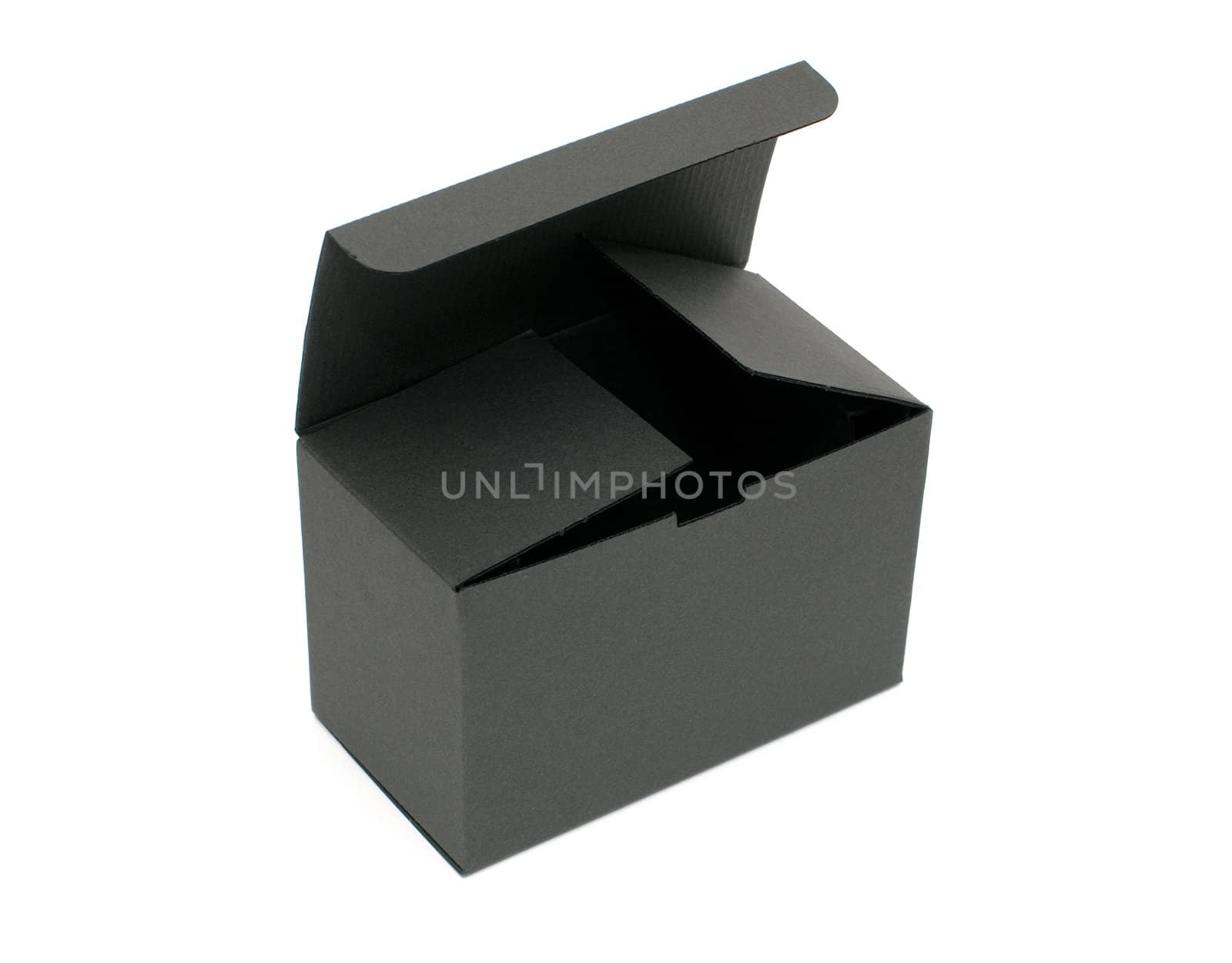 Open black empty paper box standing on white background