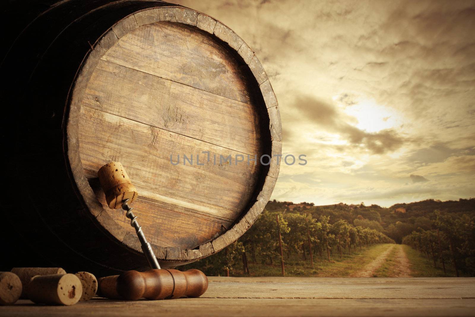 corkscrew and wooden barrel, vineyard on background