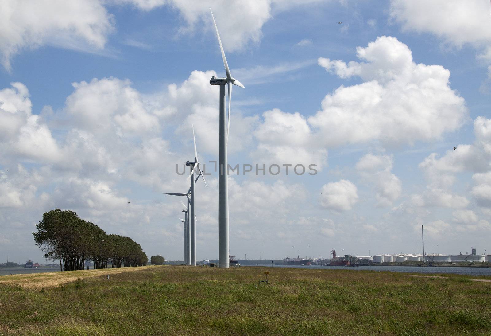 Wind-turbines on a hill in the port of Rotterdam