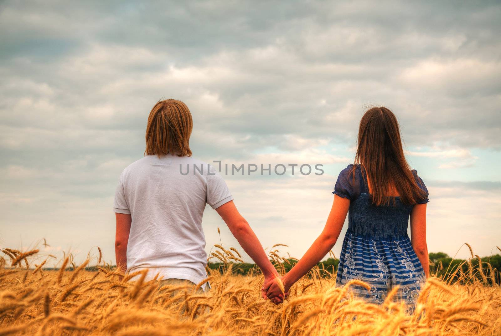 Couple staying at a wheat field at sunset time