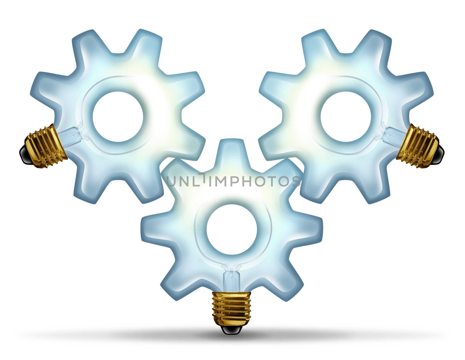 Business group ideas with three illuminated glass lightbulbs in the shape of a gear or cog connected together as a partnership team working for innovative creative success on a white background.