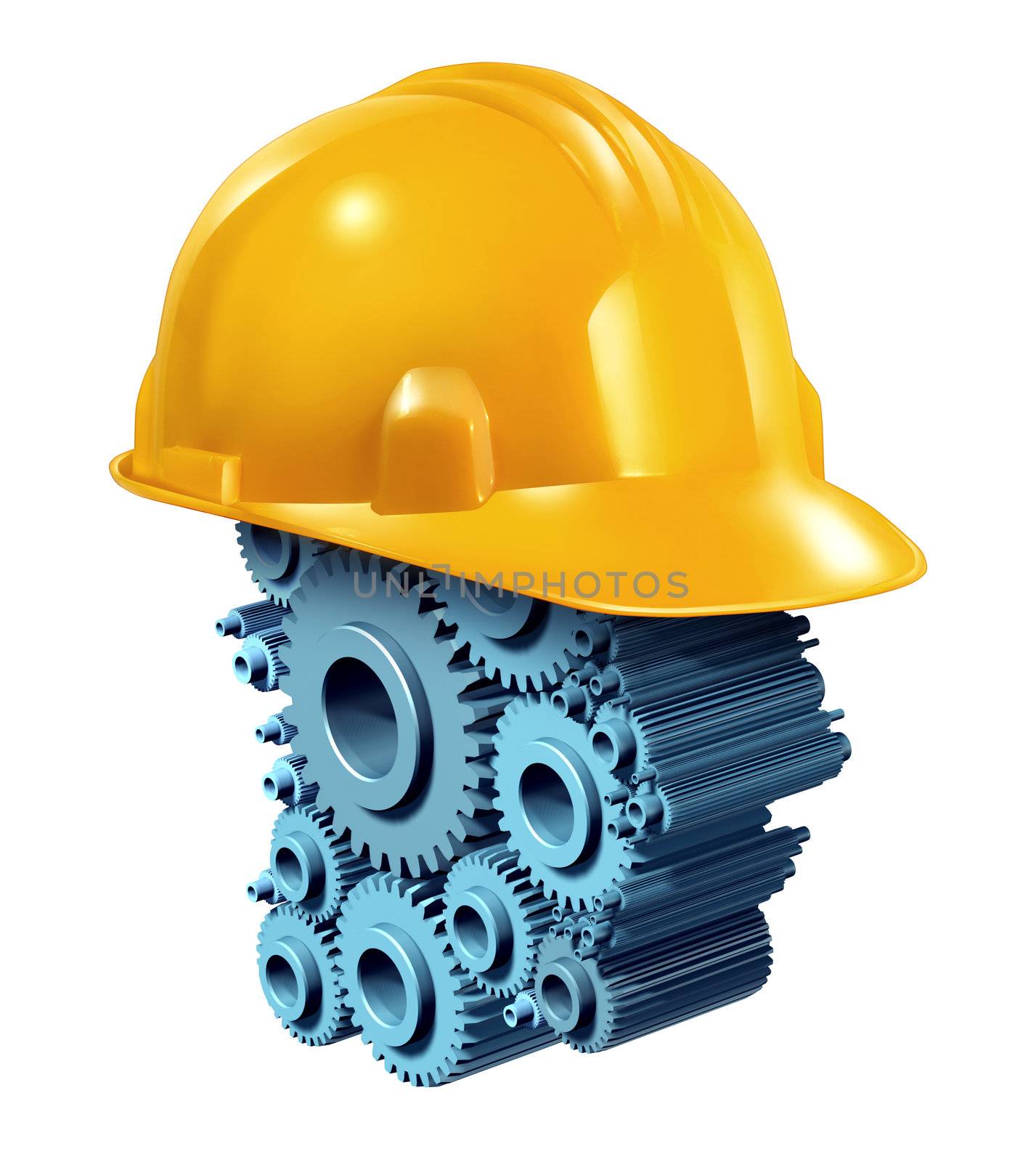 Construction working industry concept with a yellow hard hat over a human head shape made of gears and cogs as a building business symbol of workers in residential and commercial real estate.
