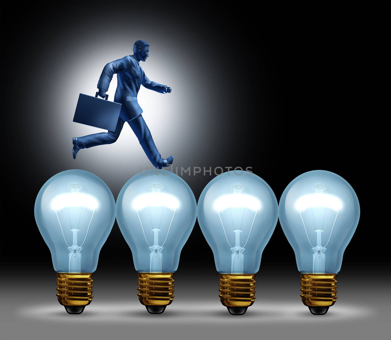Creative bridge business concept with a man in a suit running on lightbulbs using ideas to move forward with innovation and wealth on a black background.