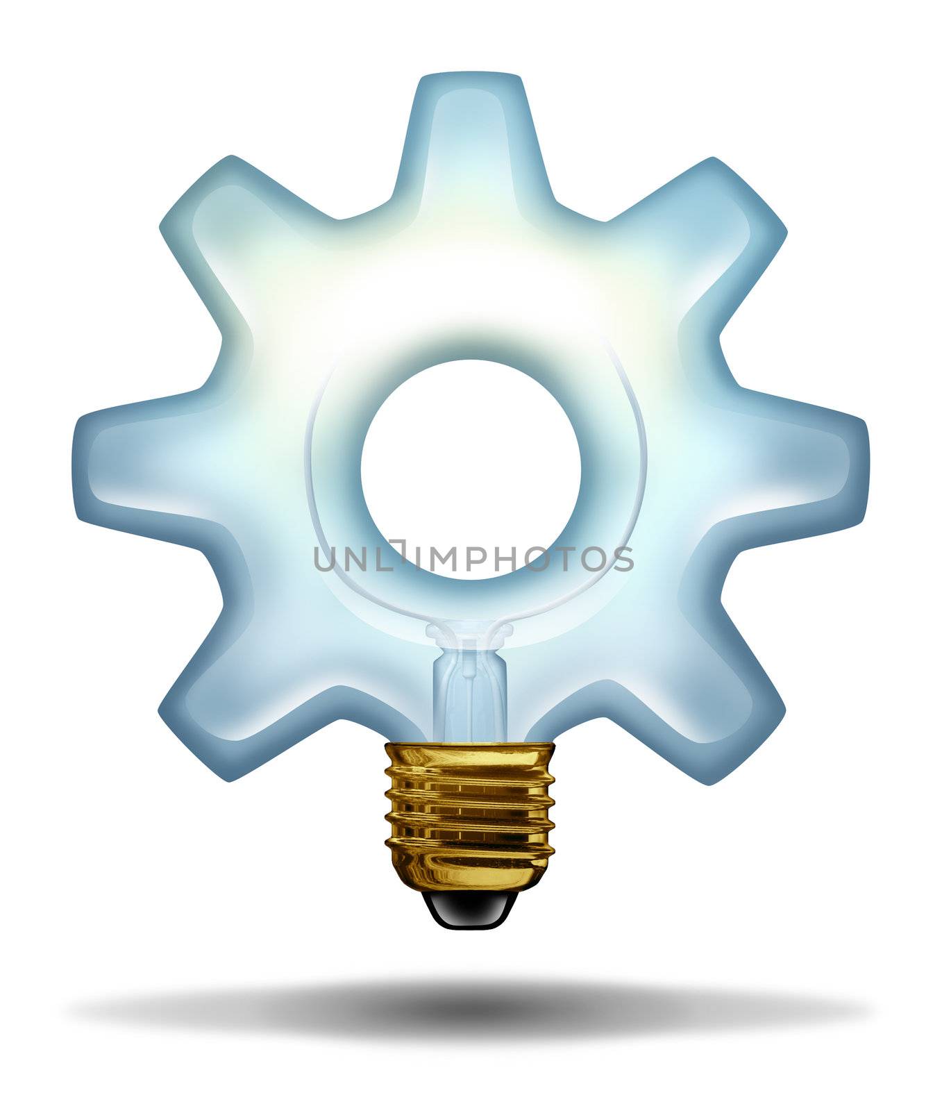 Business creativity and ideas with a lightbulb illminated glass in the shape of a gear or cog as a concept of creative success in innovation and bright thinking on a white ]background,