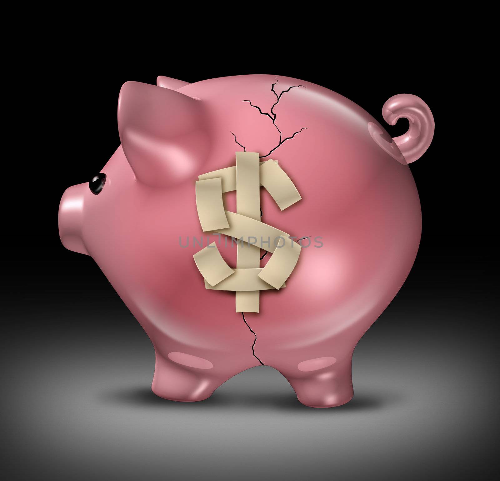 Budget Help and financial assistance with savings guidance to fix money problems and save you from a money crisis with a broken cracked pink piggy bank with repair tape in the shape of a dollar sign on black.