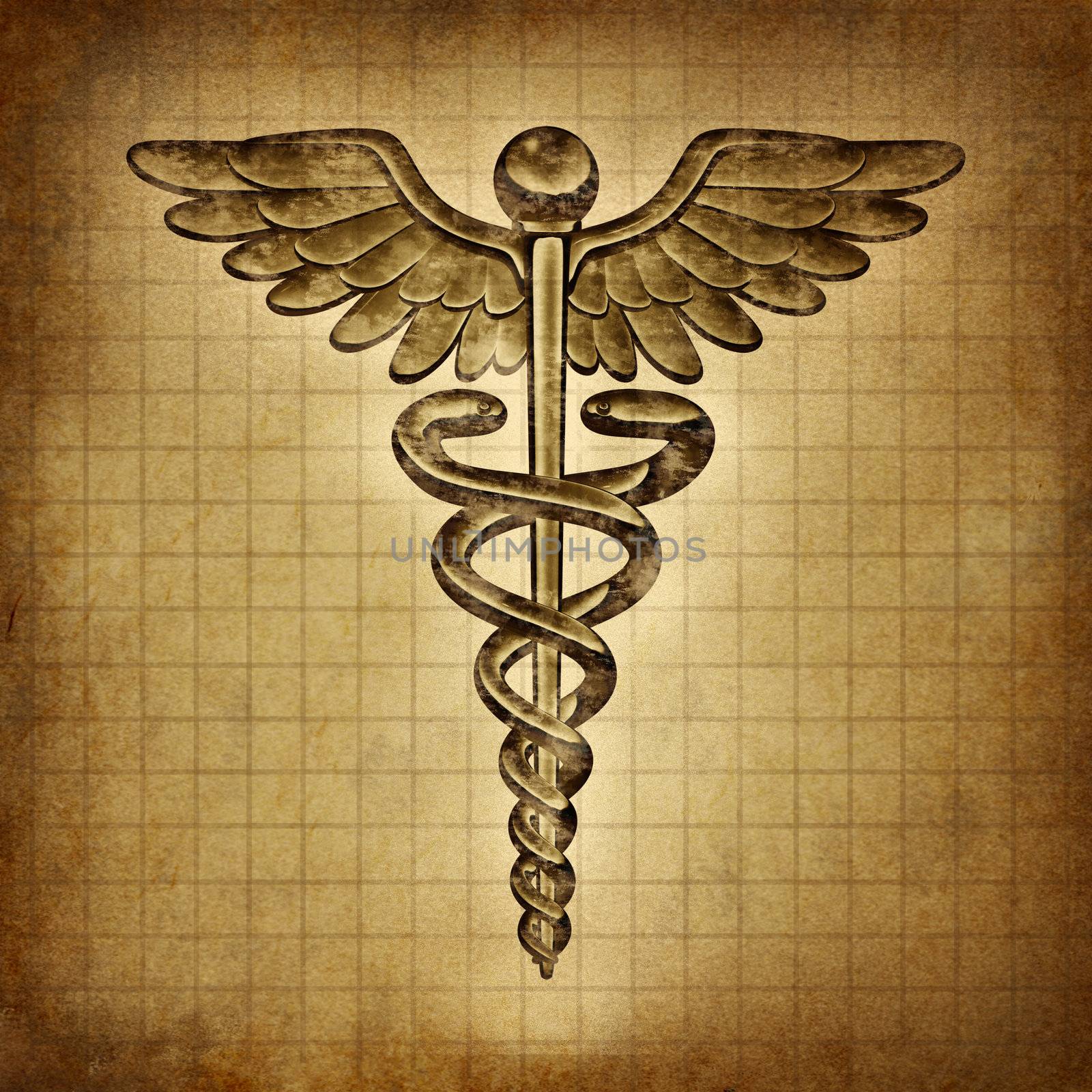 Caduceus on an old grunge parchment document as a vintage medical symbol and health care and medicine icon with snakes crawling on a pole with wings as a pharmacy medicine concept.