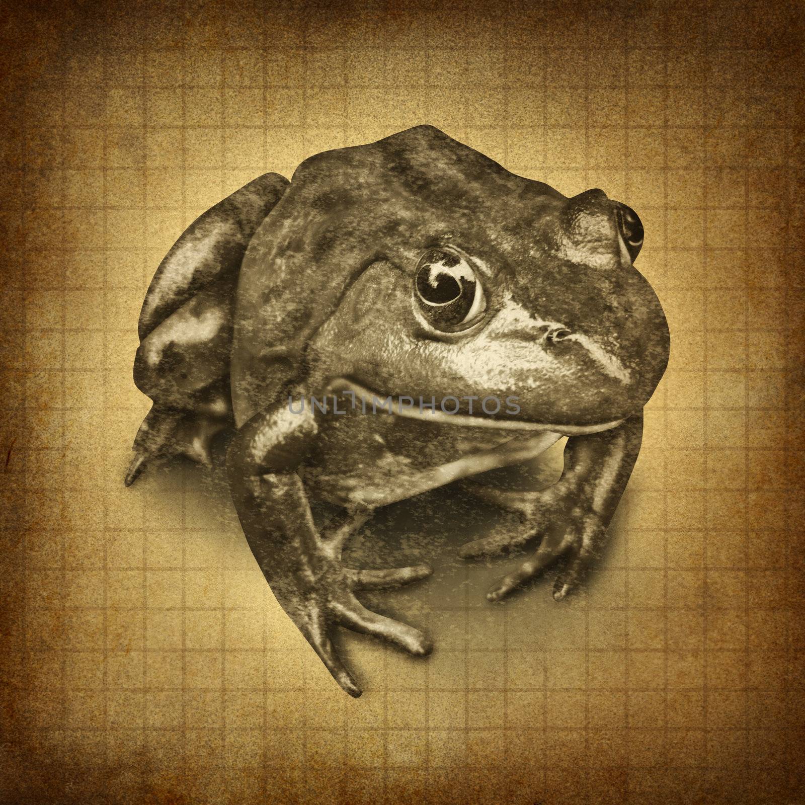 Frog on an old grunge parchment texture as a symbol of conservation and protecting wildlife and all of nature for the  environmental goal of clean land and water.