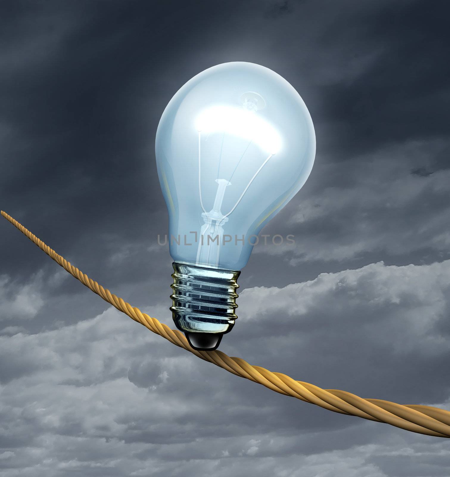 Ideas risk and the danger of failure of a new idea or innovative invention with an illuminated light bulb on a high dangerous risky tightrope on a storm sky.