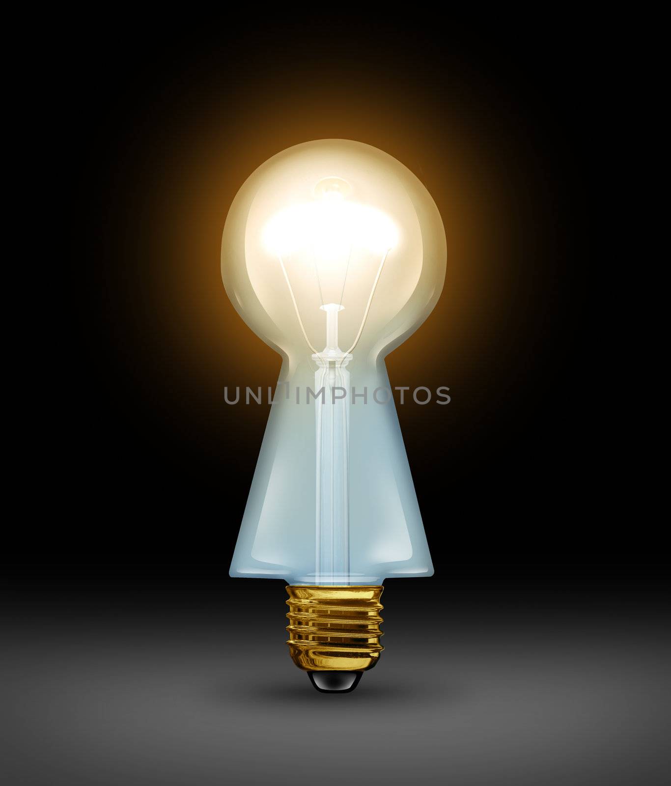 Intelligent answers and key ideas as brilliant business solutions concept with a light bulb in the shape of a keyhole on a black background as a concept of a creative key and expert guidance.