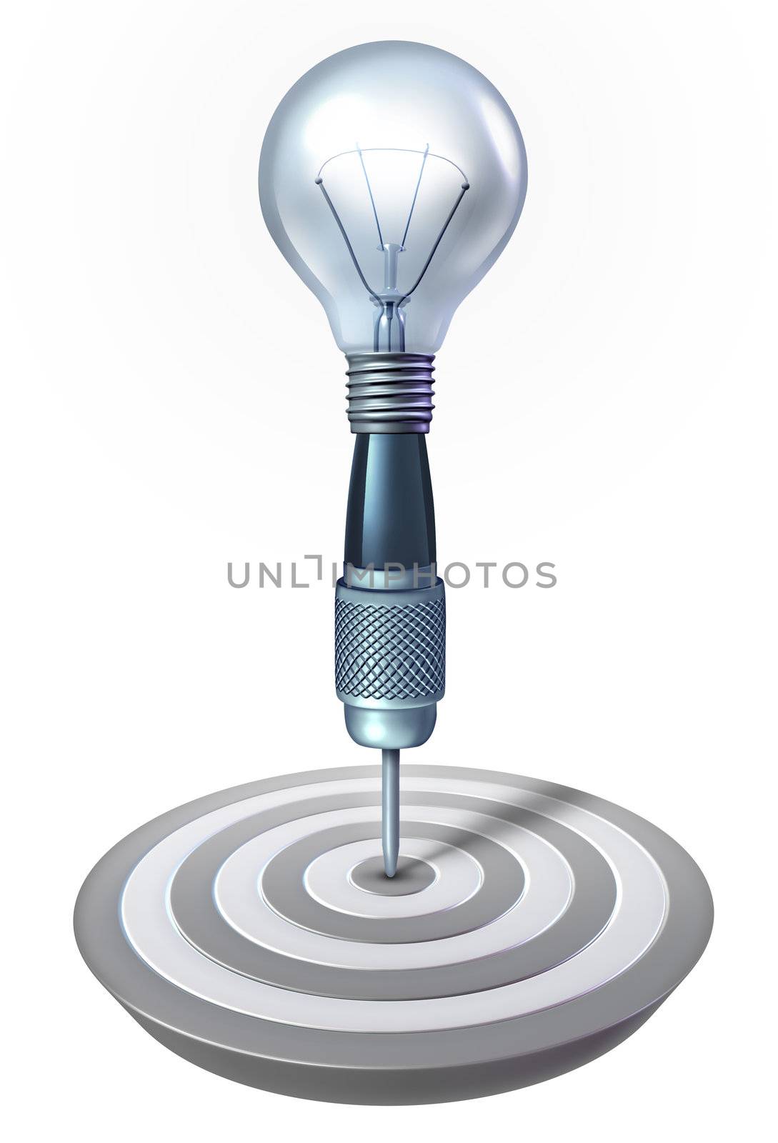 Intelligent planning and strategy for achieving your personal and business goals as a dart with a light bulb shape on target as a financial concept of innovative thinking for success on white.