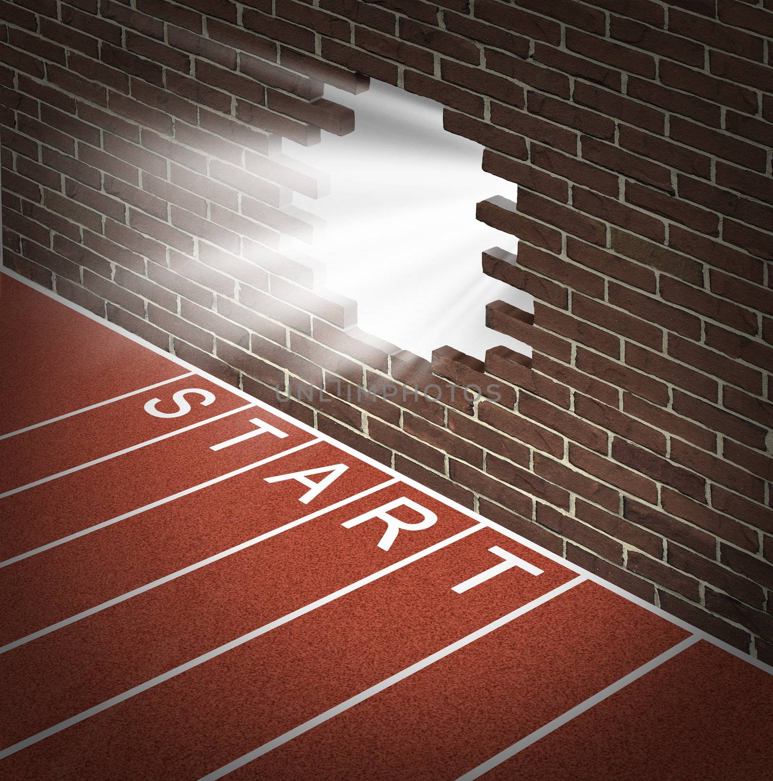 New opportunities and promising business openings at the start of a journey with track and field racing lines and a brick wall with a broken hole glowing with opportunity and success inside.