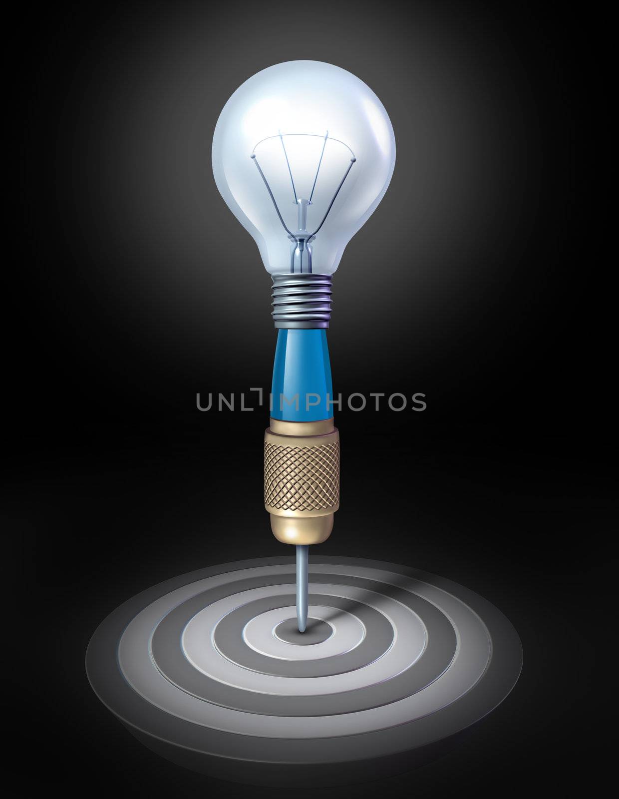 Target thinking and good ideas as a symbol for brilliant business intelligence with a dart shaped as a light bulb aimed on a perfect bulls eye with concentric circles on a black illuminated background.