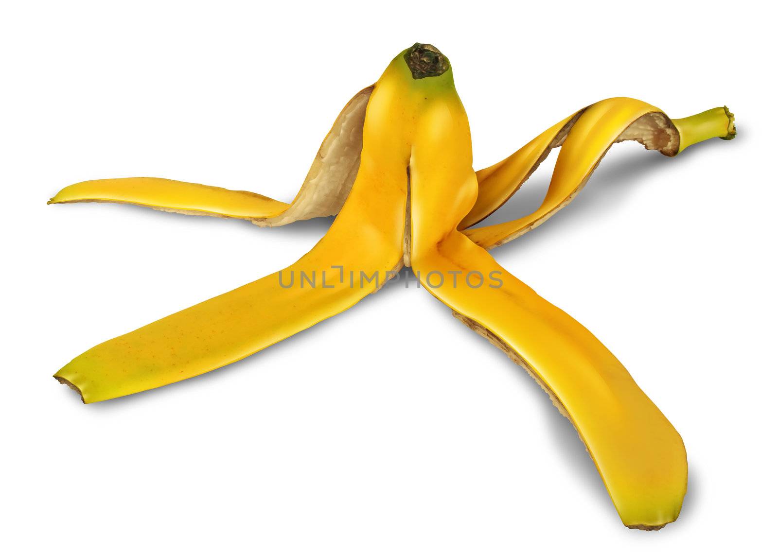 Banana peel on a white background with a shadow as a symbol of danger and risk of slipping on the yellow tropical fruit and an icon of natural garbage discarded for composting and recycling.