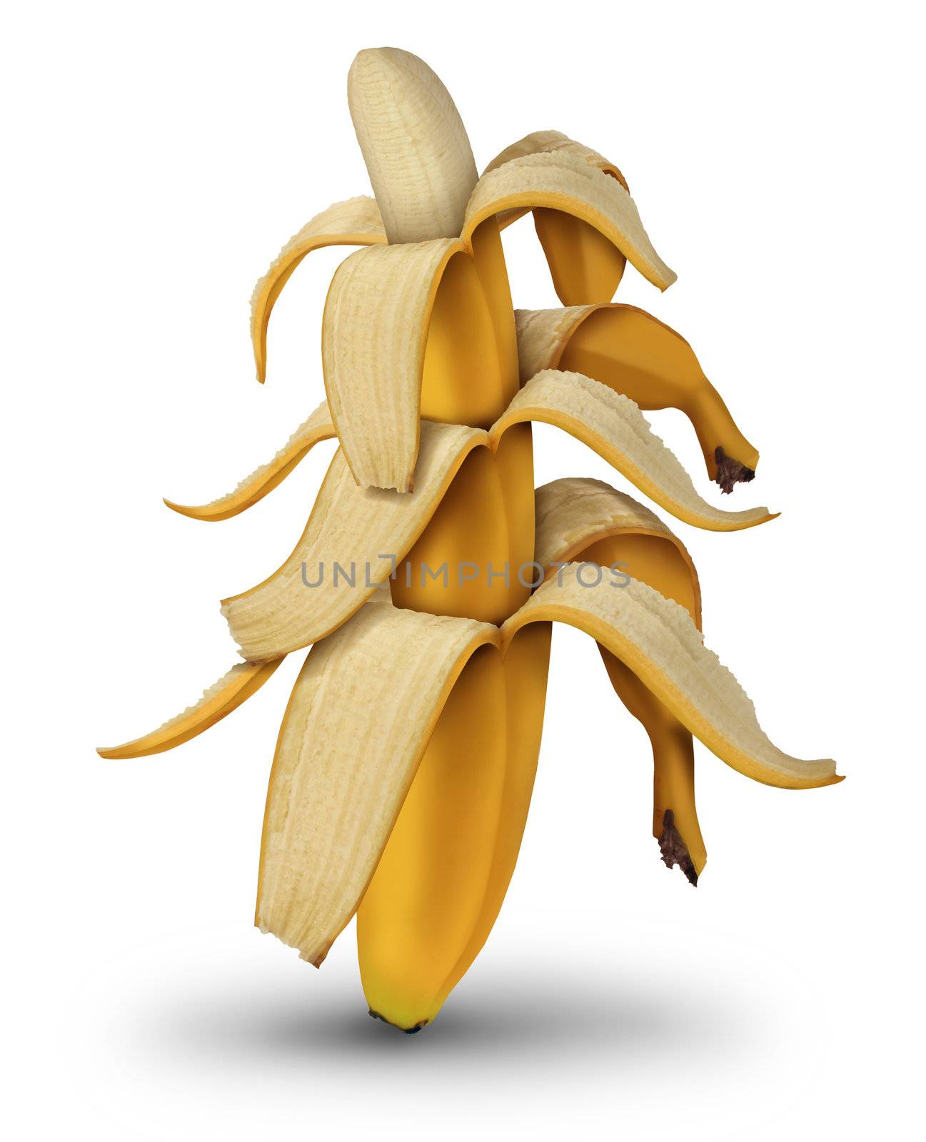 Diminishing returns and lower investment value by the decreasing in size of banana fruit with open peel as a business concept of financial lower profits on a white background.