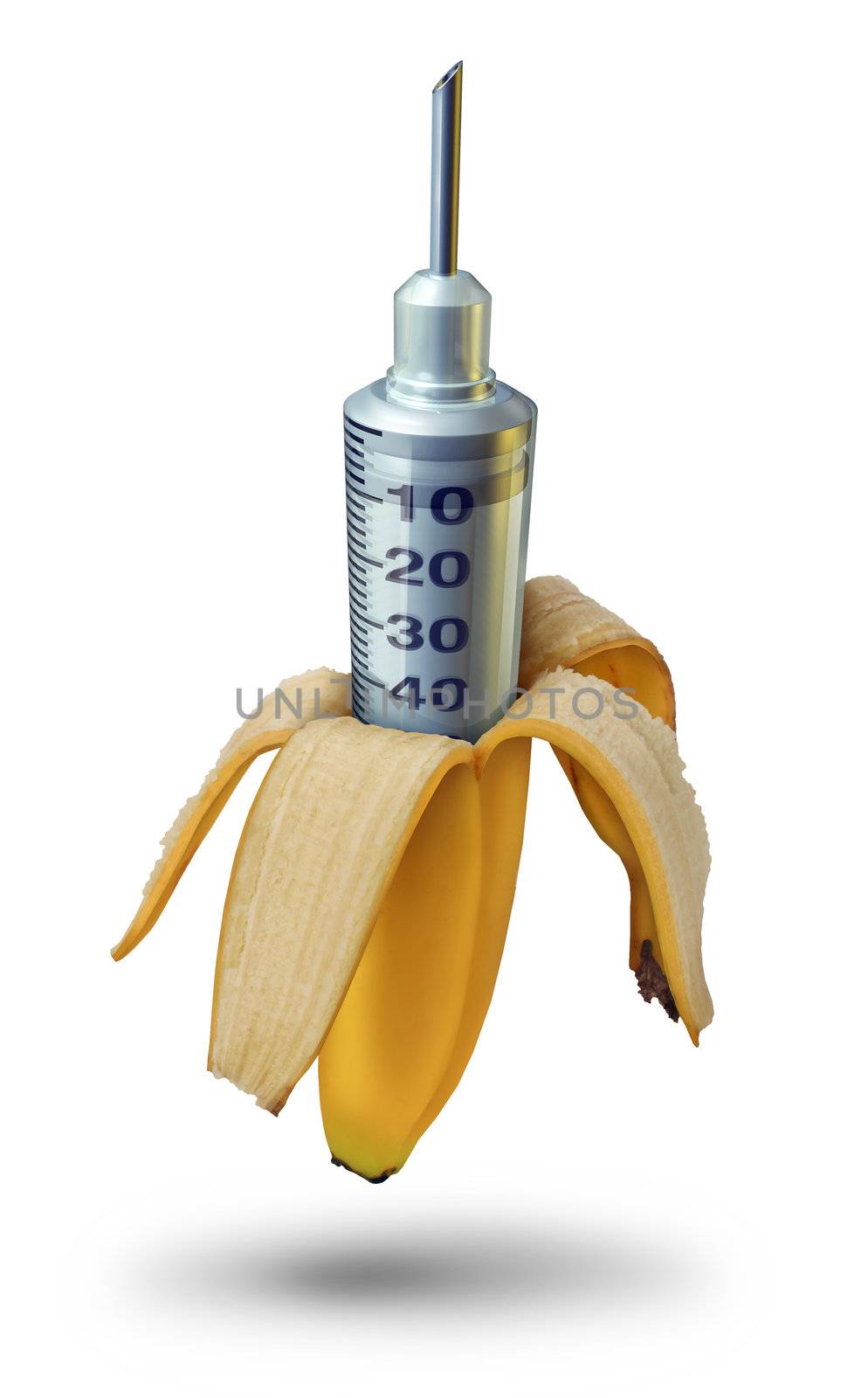 Genetic food modification and gene engeneering of fruits and vegetables as a peeled yellow banana with a medical syringe as a concept for adding chemicals and pesticides for food safety on white.