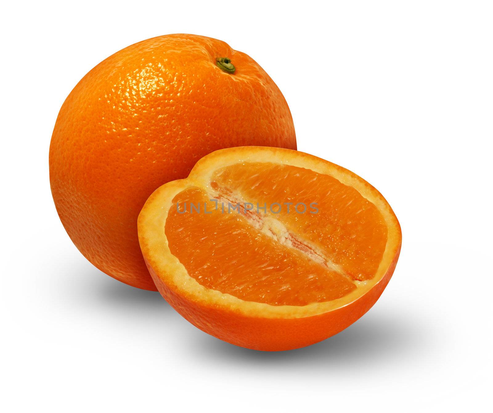 Orange fruit with a cross section of the delicious juicy citrus food as a healthy eating symbol on a white background.