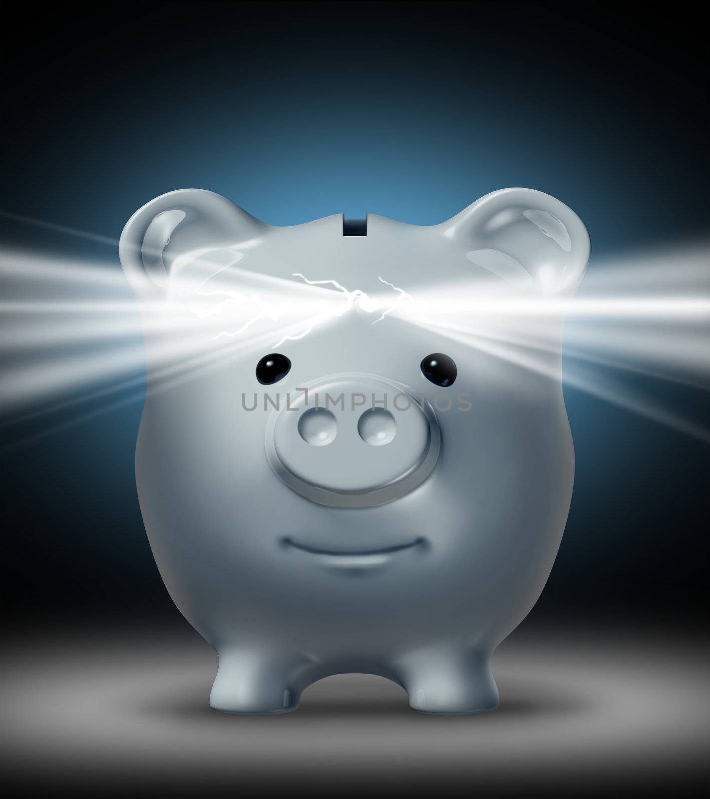 Investment vision and the power of Savings with a cracked open white piggy bank shinning a bright light as a financial symbol of wisdom in managing money saved.