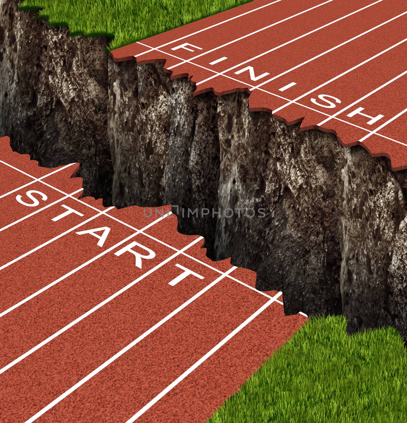 Success Risk and conquering adversity in reaching your goals as a business concept represented by a track and field race track with start and finish lines seperated by a deep and dangerous rock cliff.