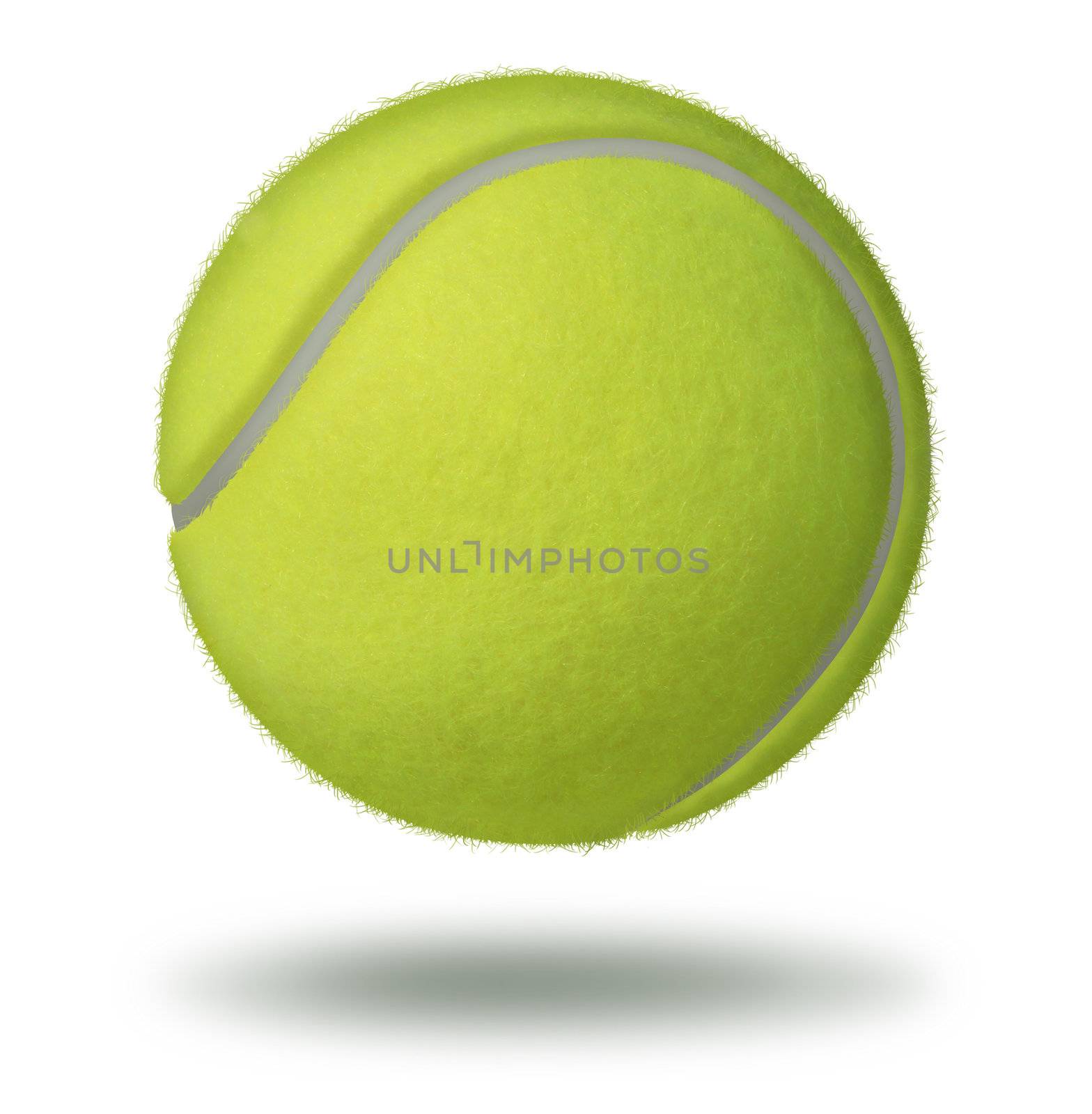 Tennis ball floating on a white background as a leisure individual racket sport played on a court as a rubber hollow sphere with a yellow green felt texture.