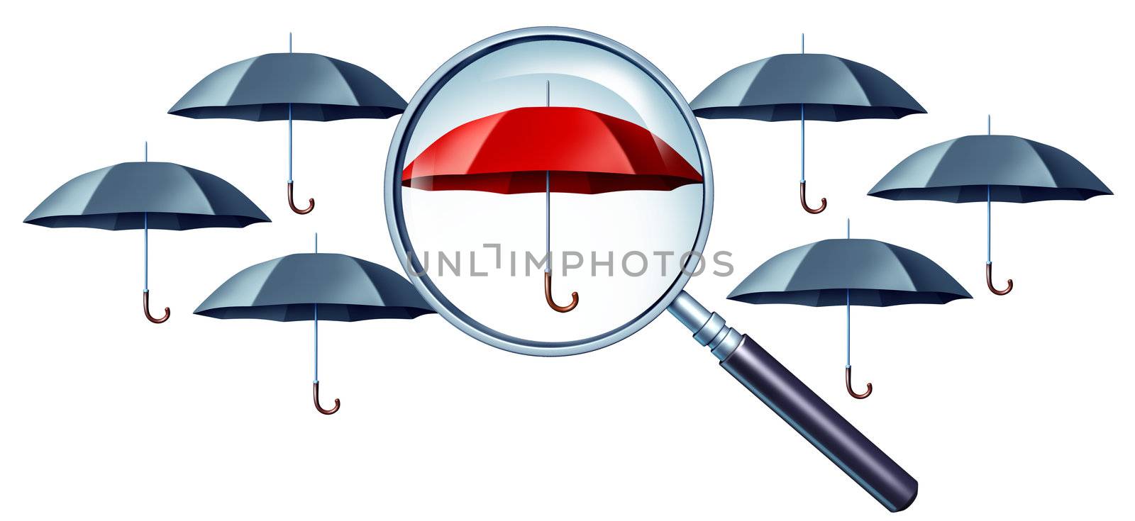 Best protection concept as grey umbrellas with a magnifying glass focusing on a red one standing out from the crowd as a confident icon of security and safe financial peace of mind.