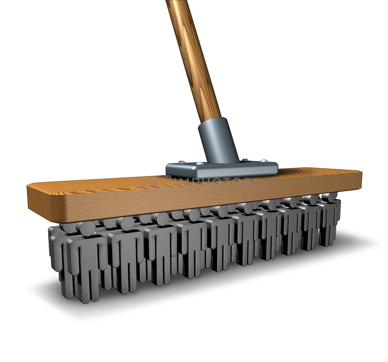 Office cleaning business and business management as a broom with human icons as bristols for reducing corporate waste and over spending with a group of people working as a team to manage costs.