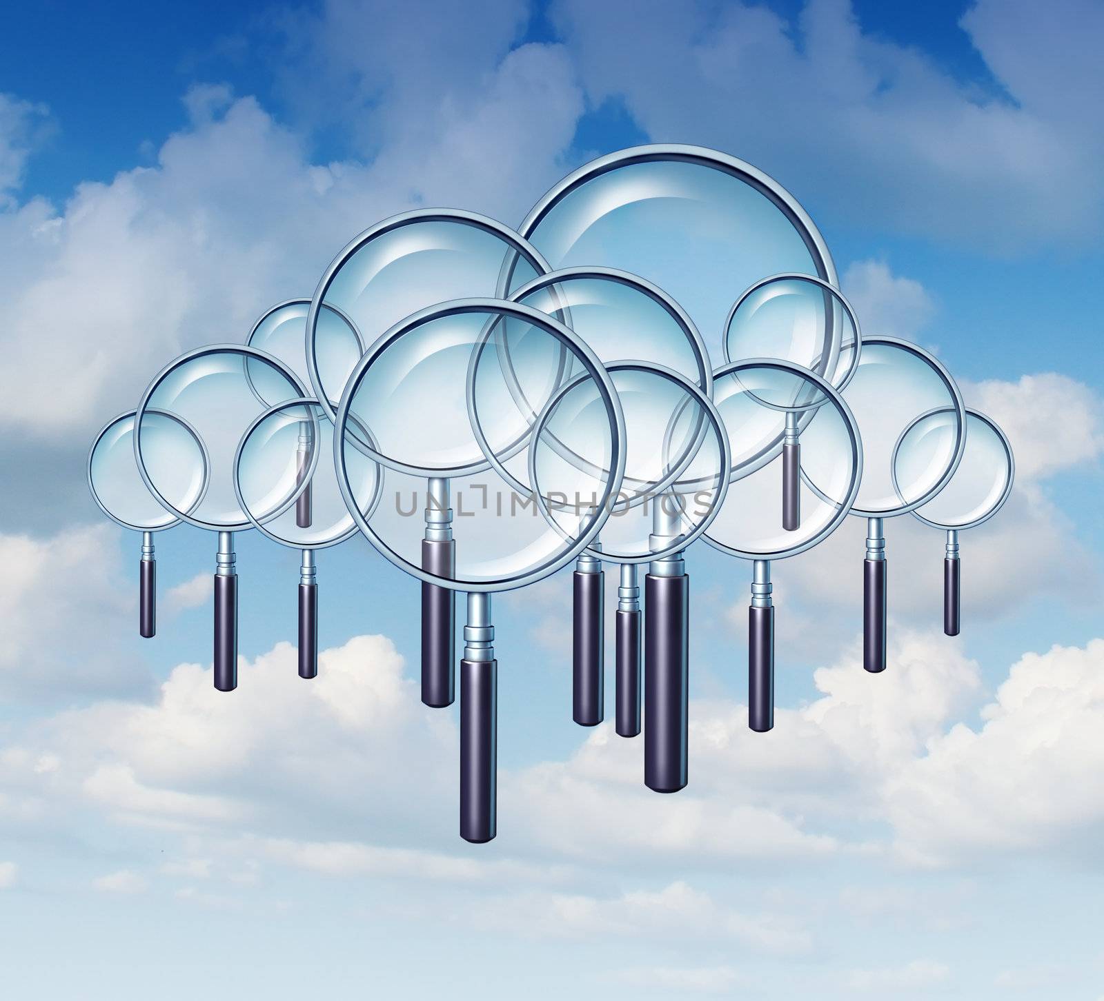 Cloud Search and internet guide as a group of magnifying glasses in the cloudscape sky as a business and technology concept of searches on mobile communcation.