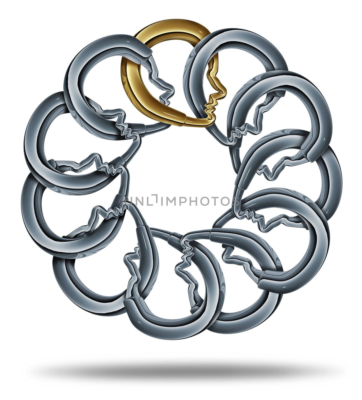 Group link made of gold and silver metal as connected chain links in the shape of a three dimensional human head merged together for a strong business team partnership and financial security.