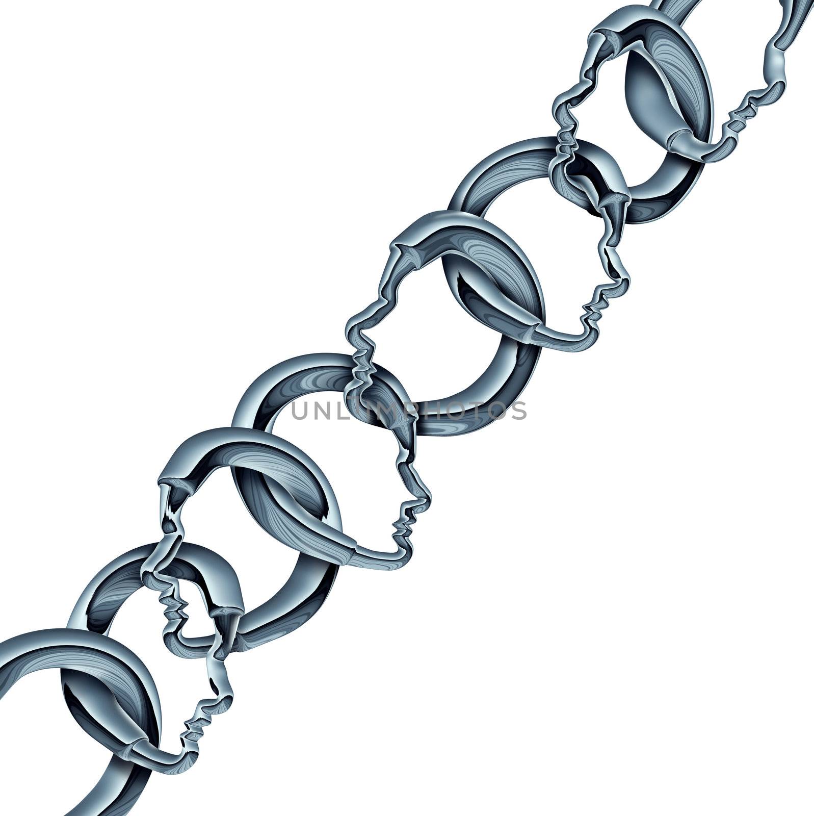 Group of people strength as metal chain links in the shape of three dimensional human heads representing business workers meeting and connecting together as a strong partnership.