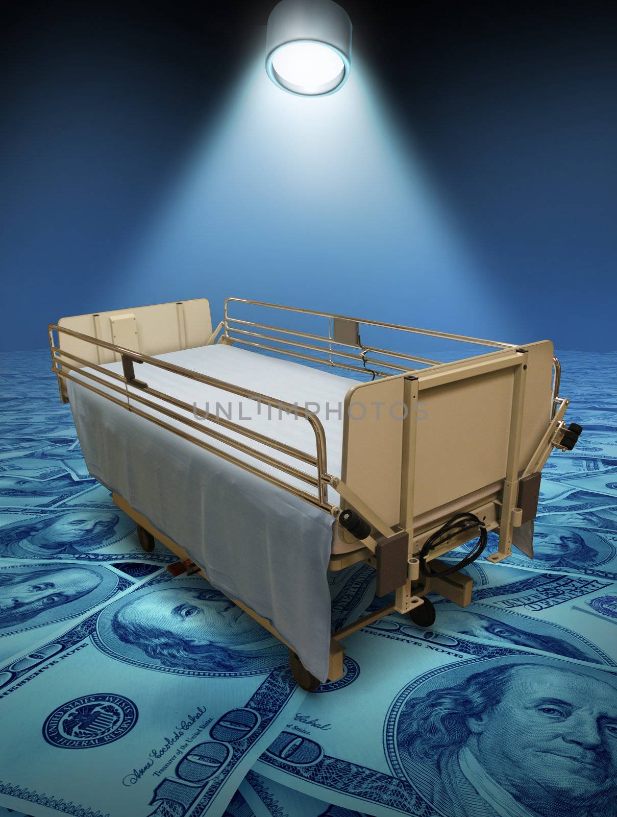 Hospital care expenses and the high costs of medical inurance for surgery or medicine treatment represented by a stretcher on a blue floor of money and a spotlight shining on the bed.
