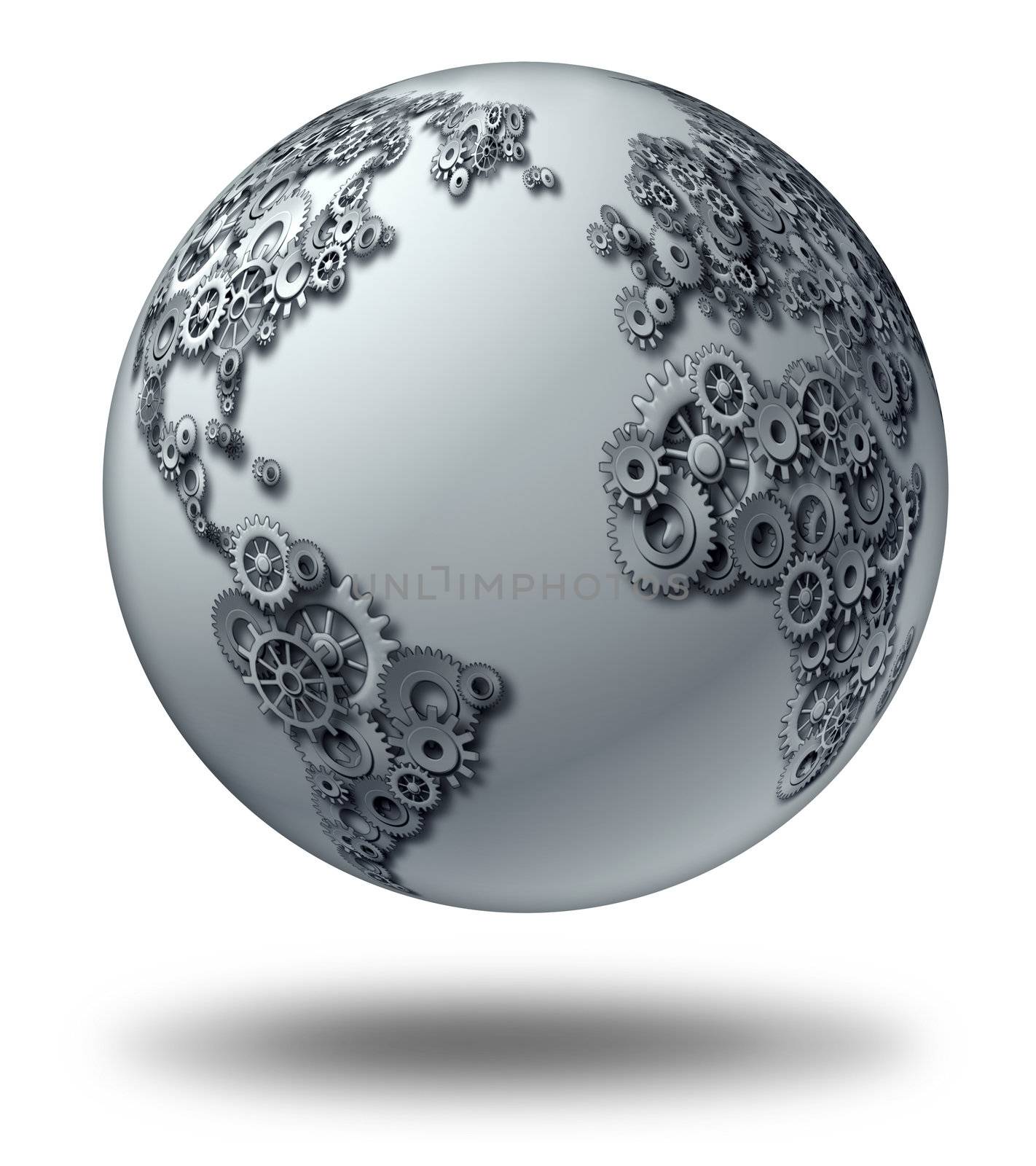 International global business and world economic partnership concept with a three dimensional sphere with  a world map shaped with gears and cogs as a financial symbol and internet communications.