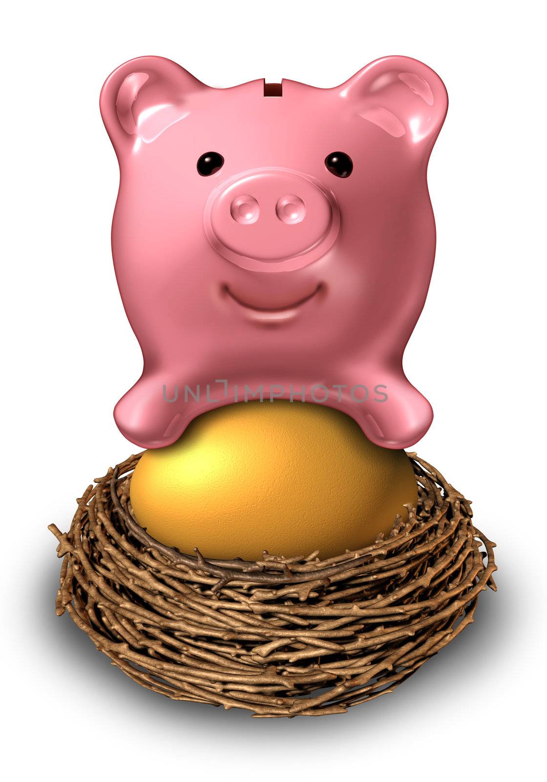 Savings nest egg with a pink ceramic piggy bank sitting on a gold investment fund symbol as a financial concept of managing wealth for a safe and secure retirement pension plan.