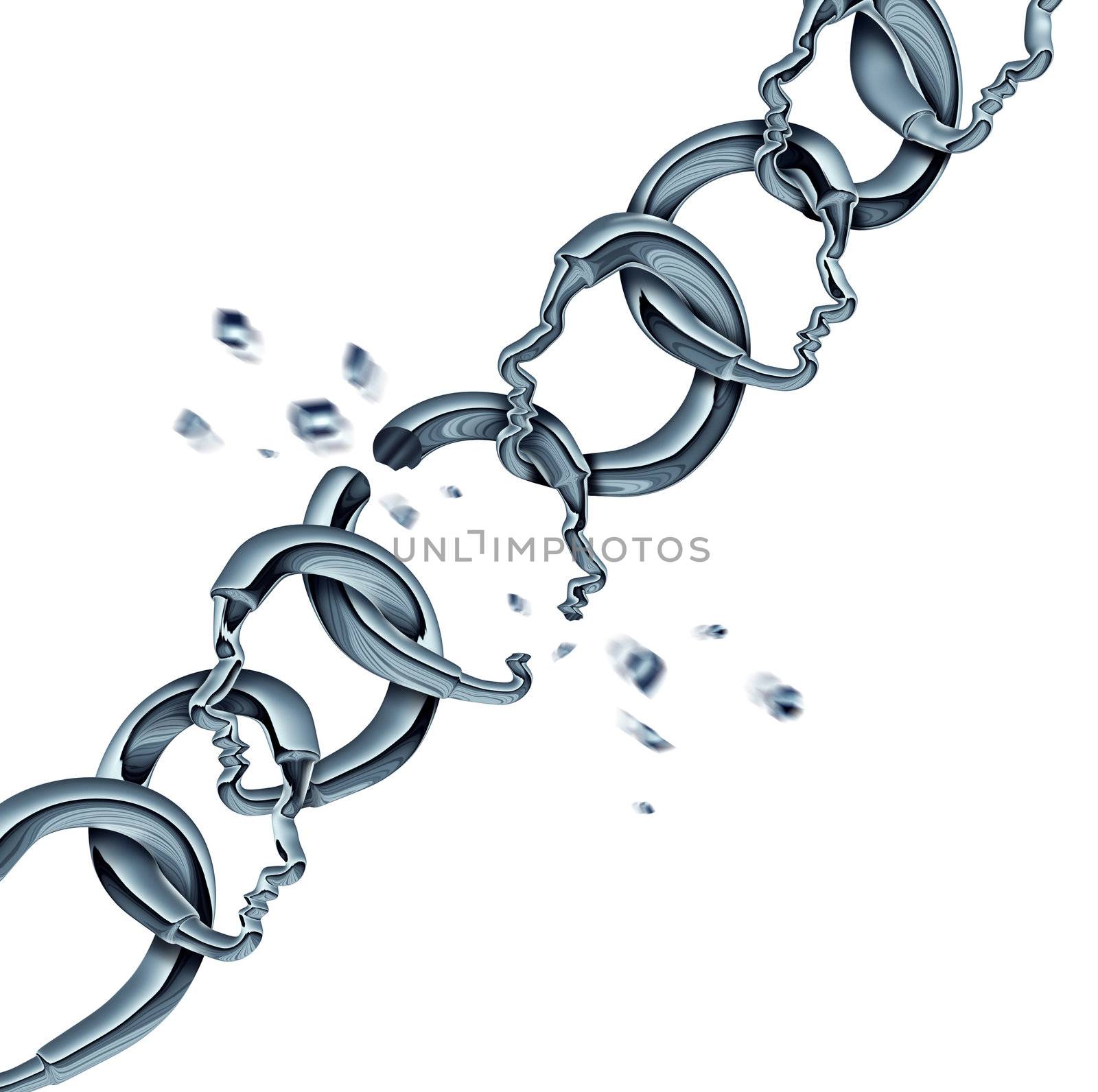 Team problems and business disagreement concept with a broken metal chain link partnership shaped as human heads
as a symbol of divorce and separation and the end of a contract agreement.
