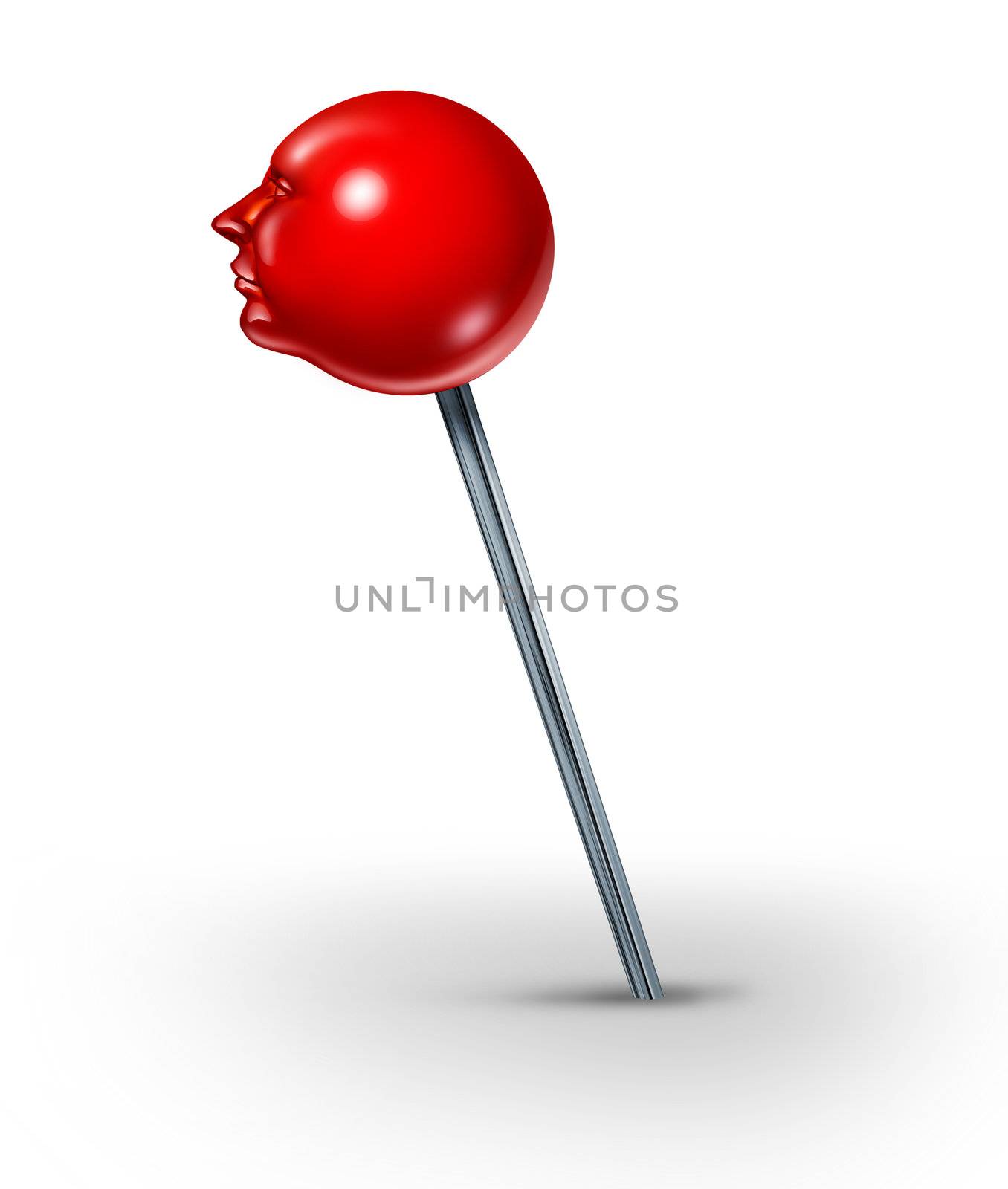 Career position concept with a red push pin in the shape of a human head as a symbol of finding your working splace in life with search and discovery on a white background.
