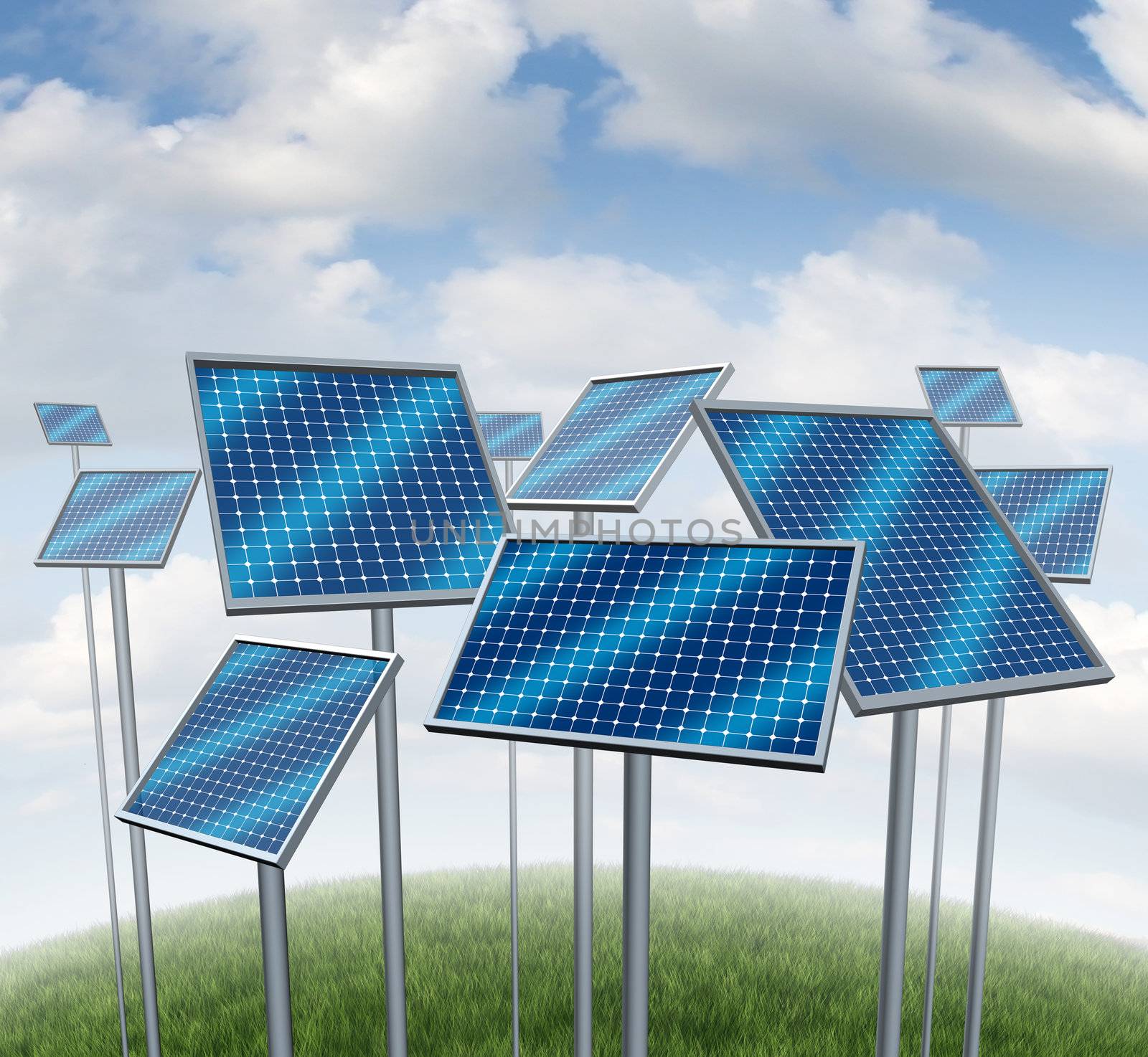 Renewable energy with solar panels symbol of a photovoltaic power station technology or sun farm represented by a group of three dimensional structures on a summer sky.