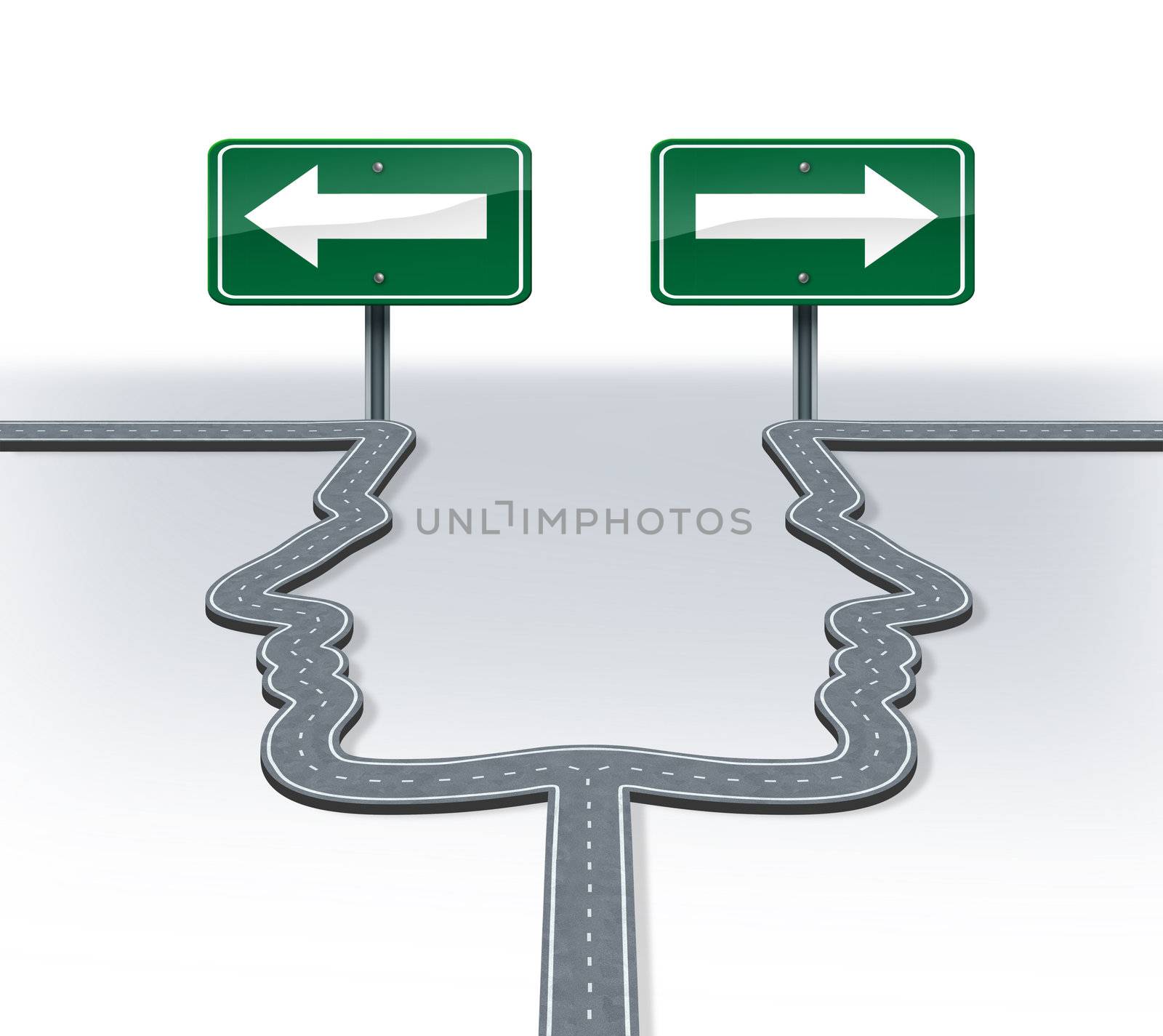 Strategy decisions and career choices at a cross roads with a fork in the road shaped as two human heads in a concept of a business dilemma choosing the direction to travel when facing two equal or similar options.