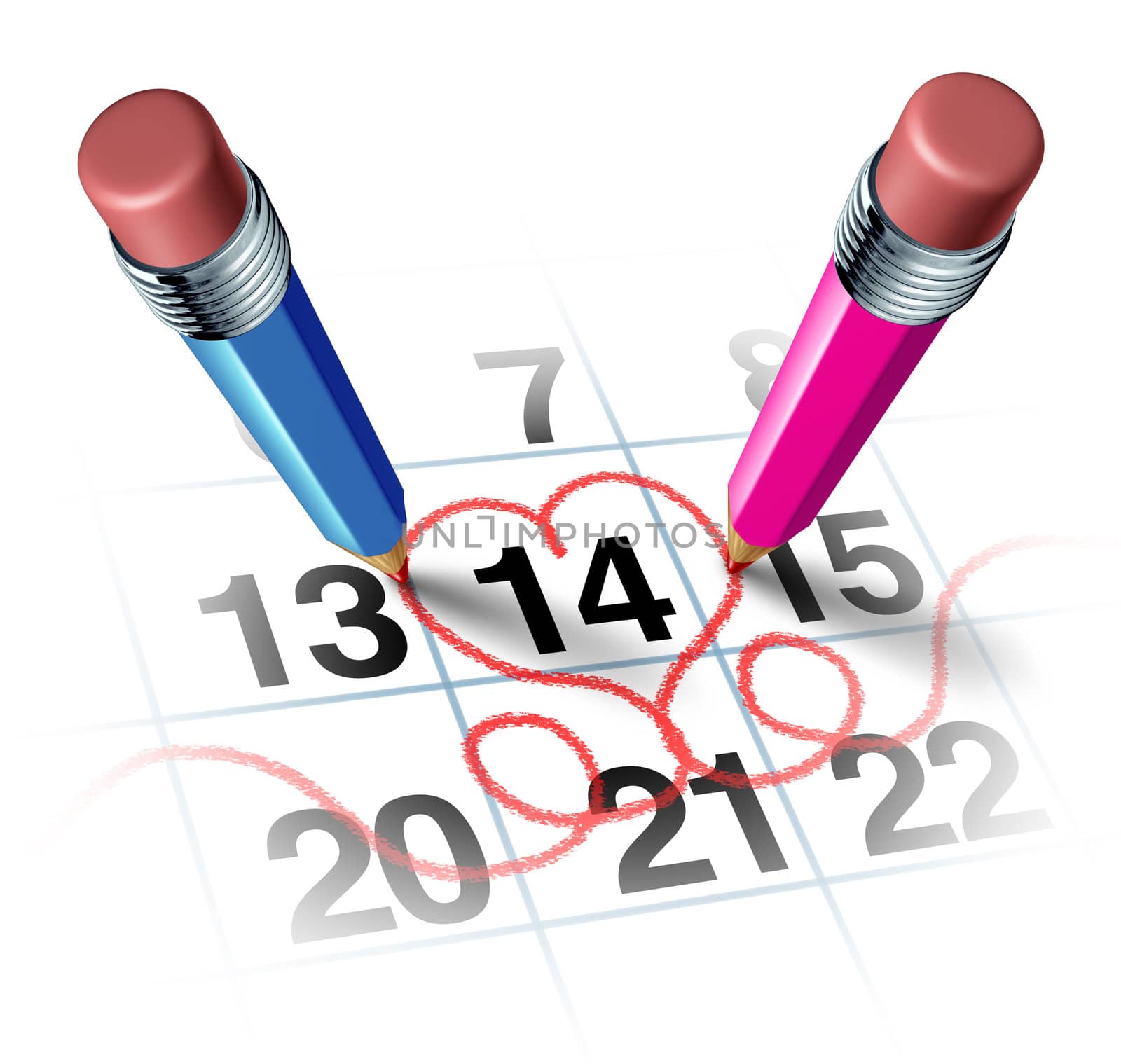 Valentines day with two three dimensional pencils in color blue and pink drawing a red heart shape around a calendar of Febuary the fourteen as a reminder of a romantic love concept for a date or marriage anniversary on white.