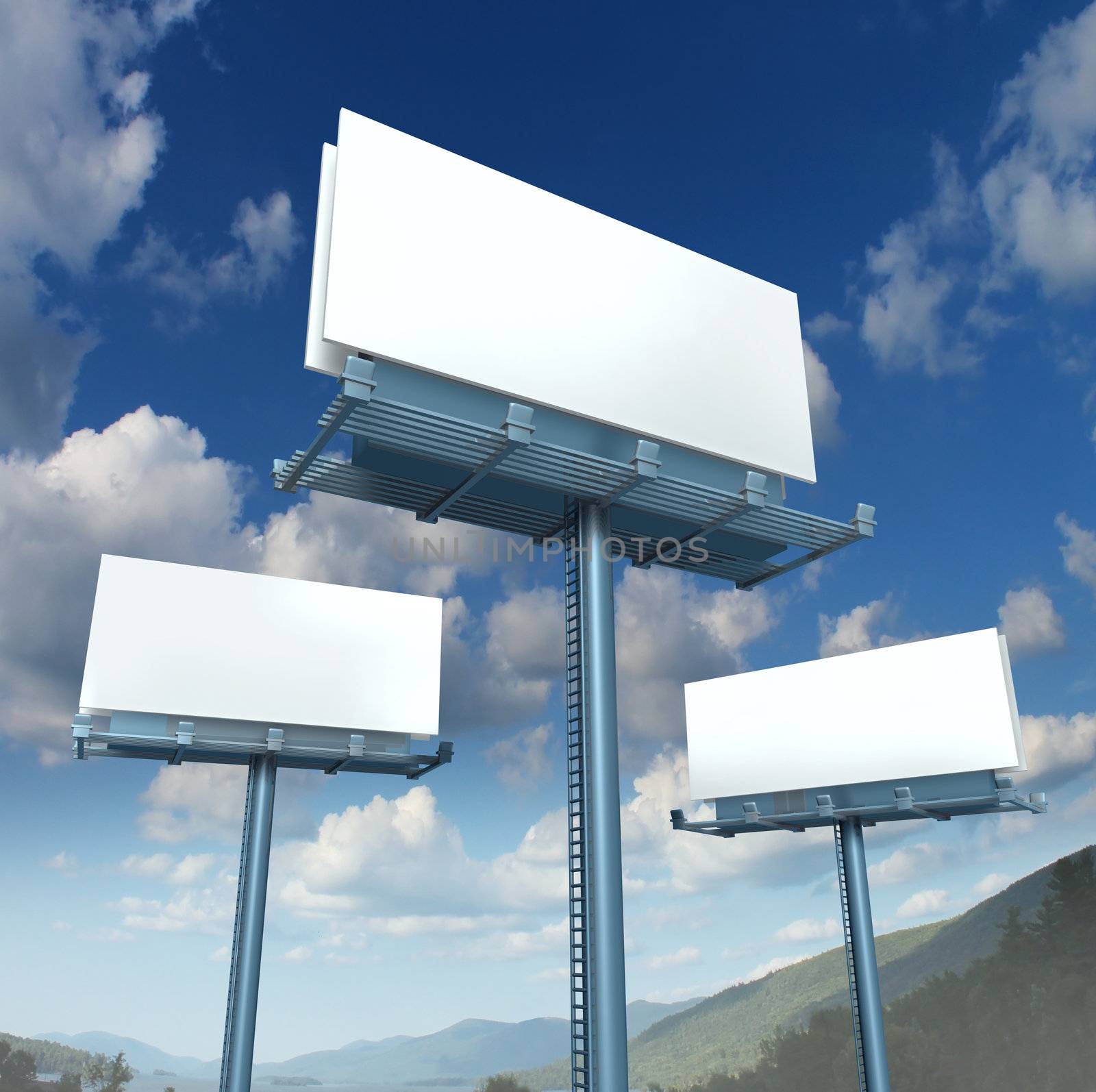 Billboards blank advertising signs in three dimensional perspective as horizontal angled outdoor marketing with copy space on a blue sky.