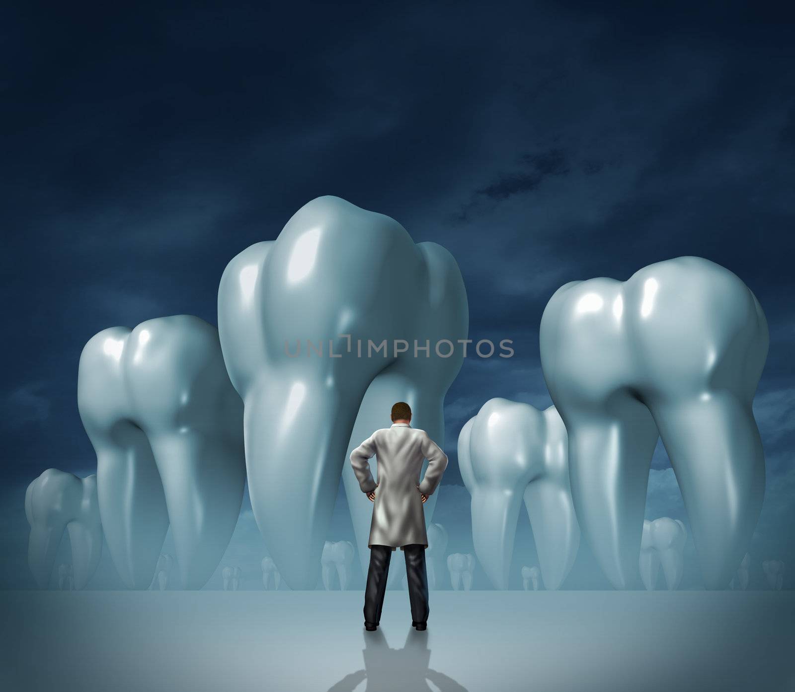 Dentist and dental care medical tooth health symbol of oral hygiene with a professional man in a white lab coat facing giant molar teeth on a dark foggy background.