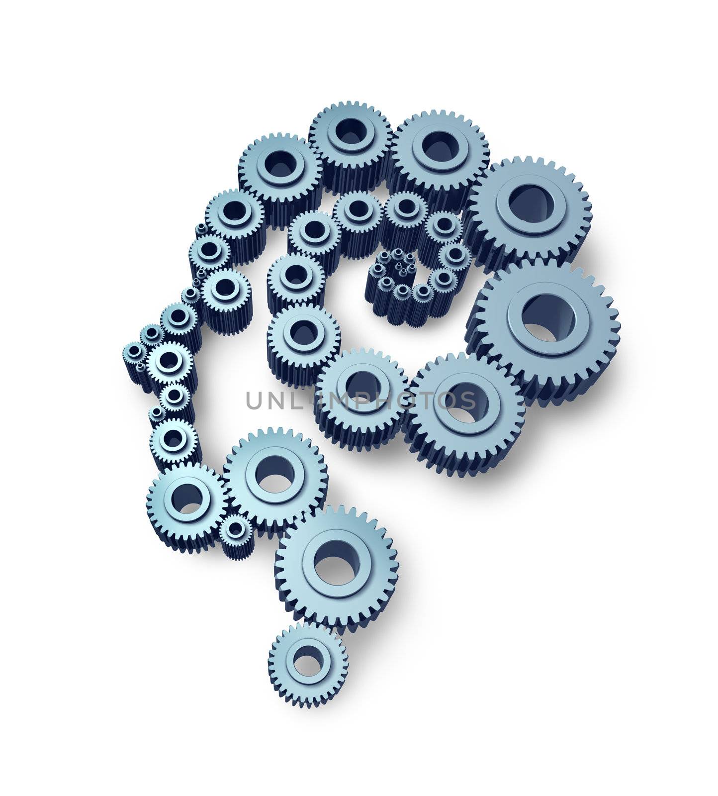 Human intelligence with three dimensional gears and cogs connected together in the shape of ahead profile as a chain working in a team  for creative success in education and business on white.