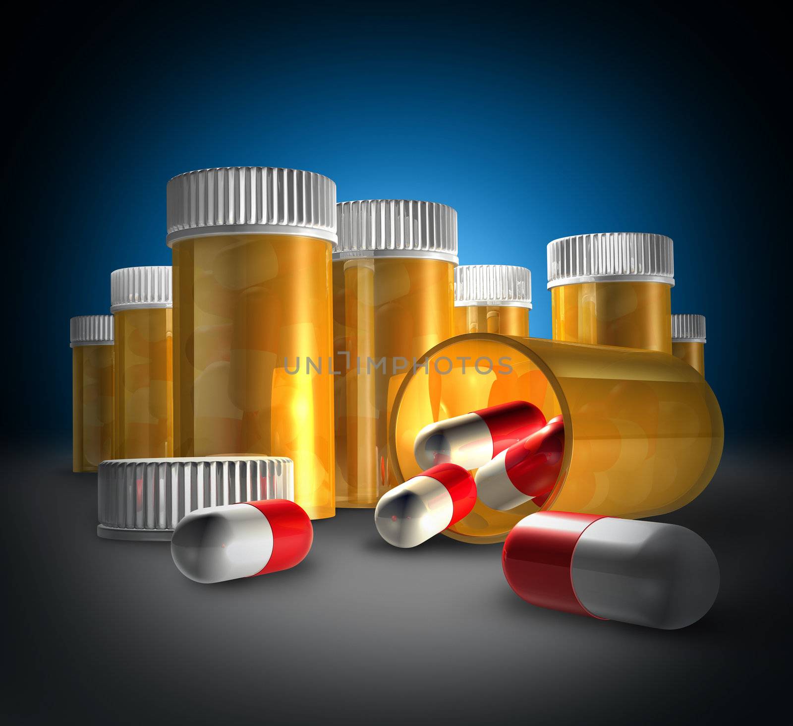 Medicine and medication health care concept with a row of pill bottles with an open bottle and cap as a pharmacy prescription drugs concept  for pain killers and narcotics.